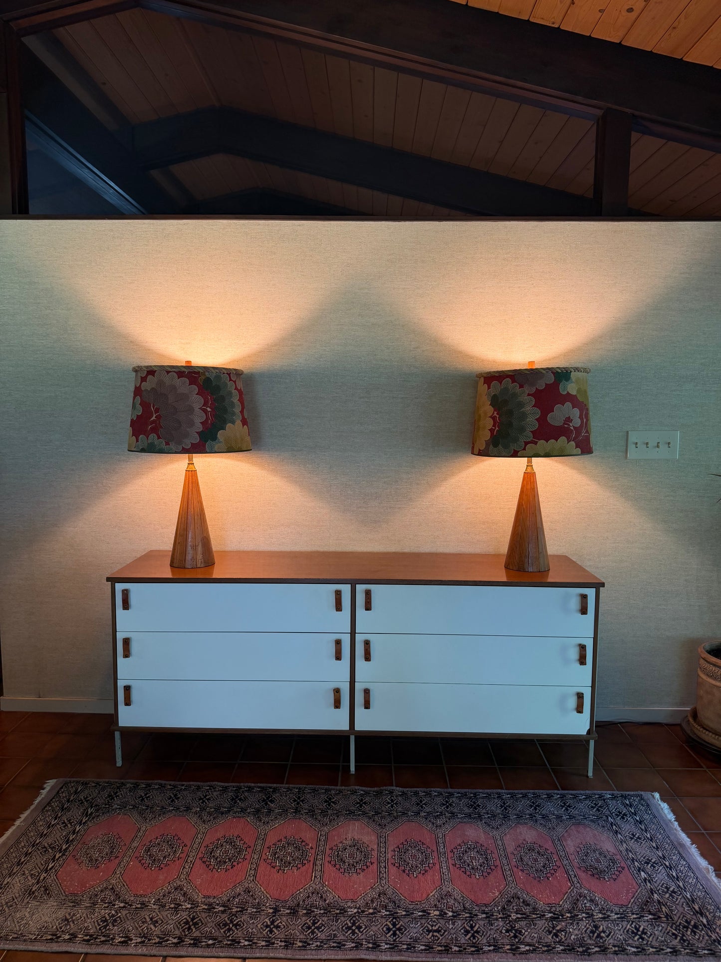 1960’s Pair of Handmade Wood Lamps with Floral Fabric Shades Rope Edge