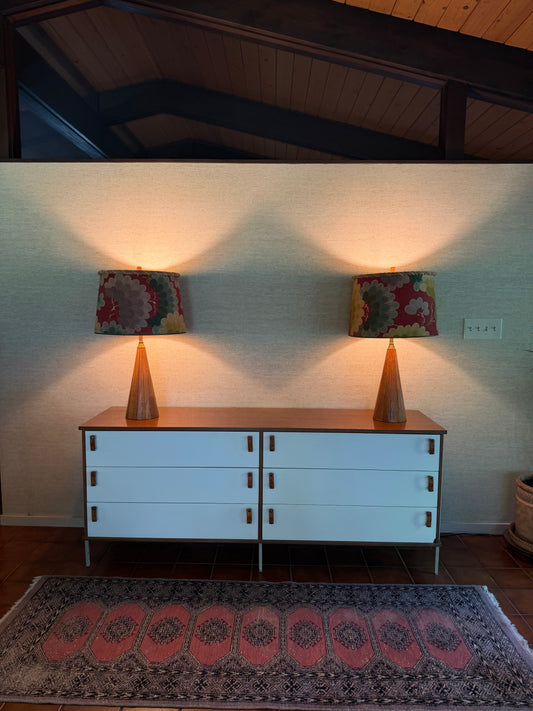1960’s Pair of Handmade Wood Lamps with Floral Fabric Shades Rope Edge