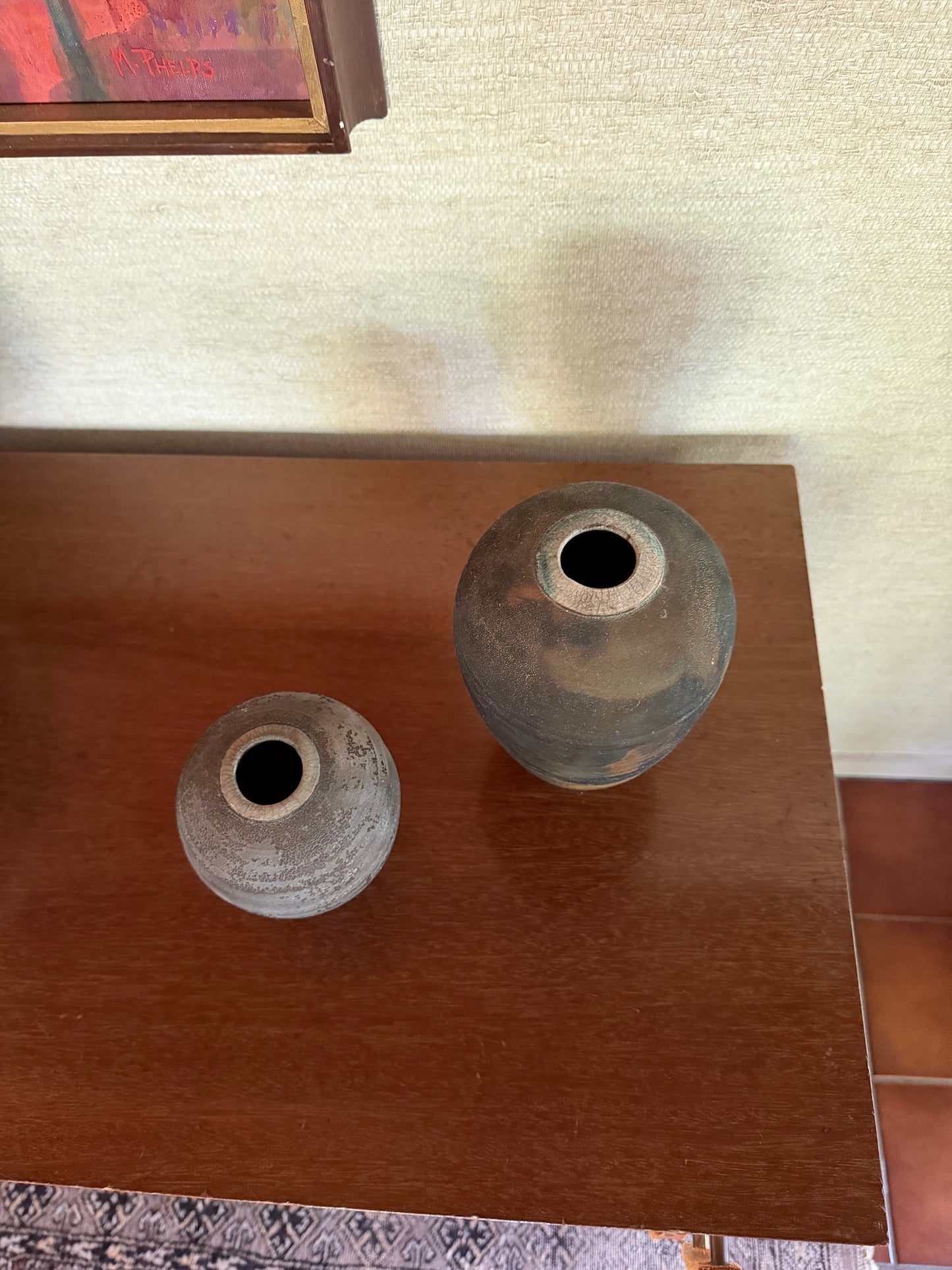 Vintage 1980’s Set of 2 Raku fired Ceramic Pottery Bud Vases, signed Bock