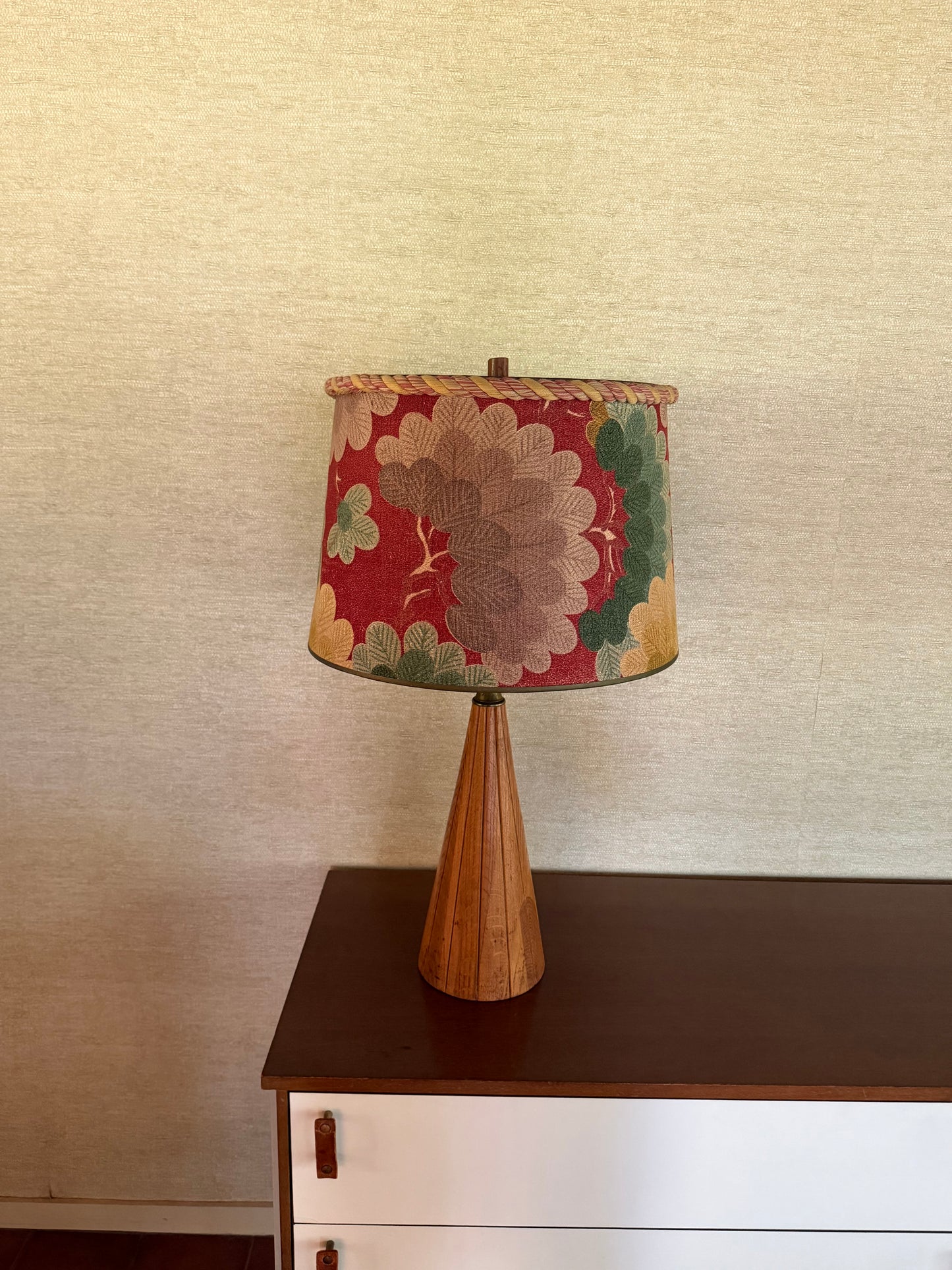 1960’s Pair of Handmade Wood Lamps with Floral Fabric Shades Rope Edge