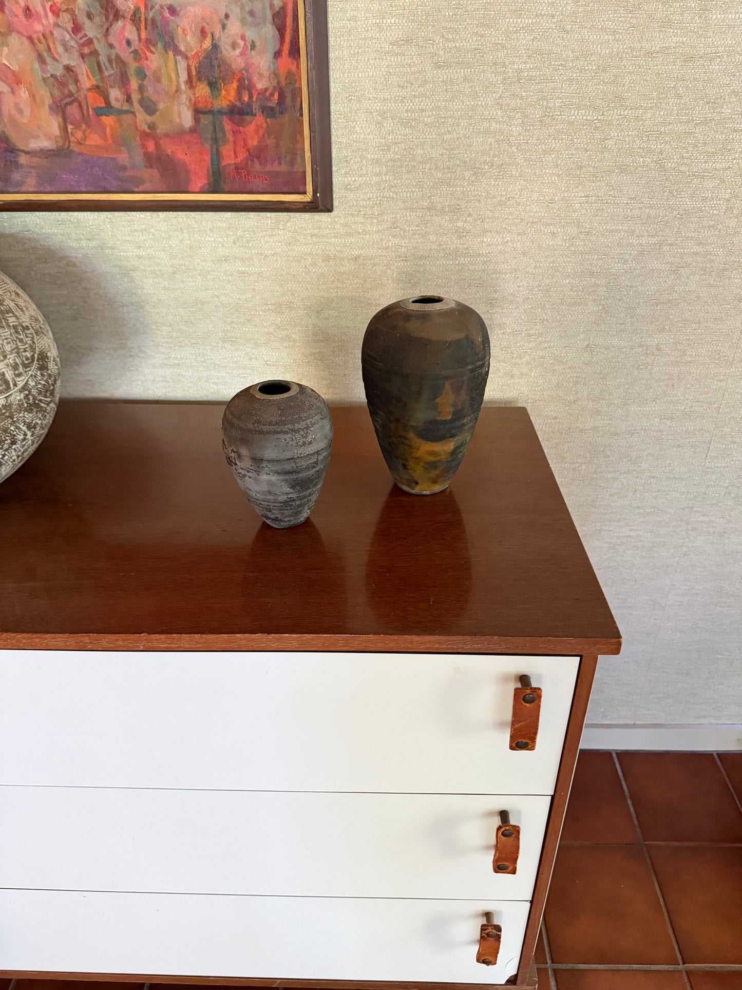 Vintage 1980’s Set of 2 Raku fired Ceramic Pottery Bud Vases, signed Bock
