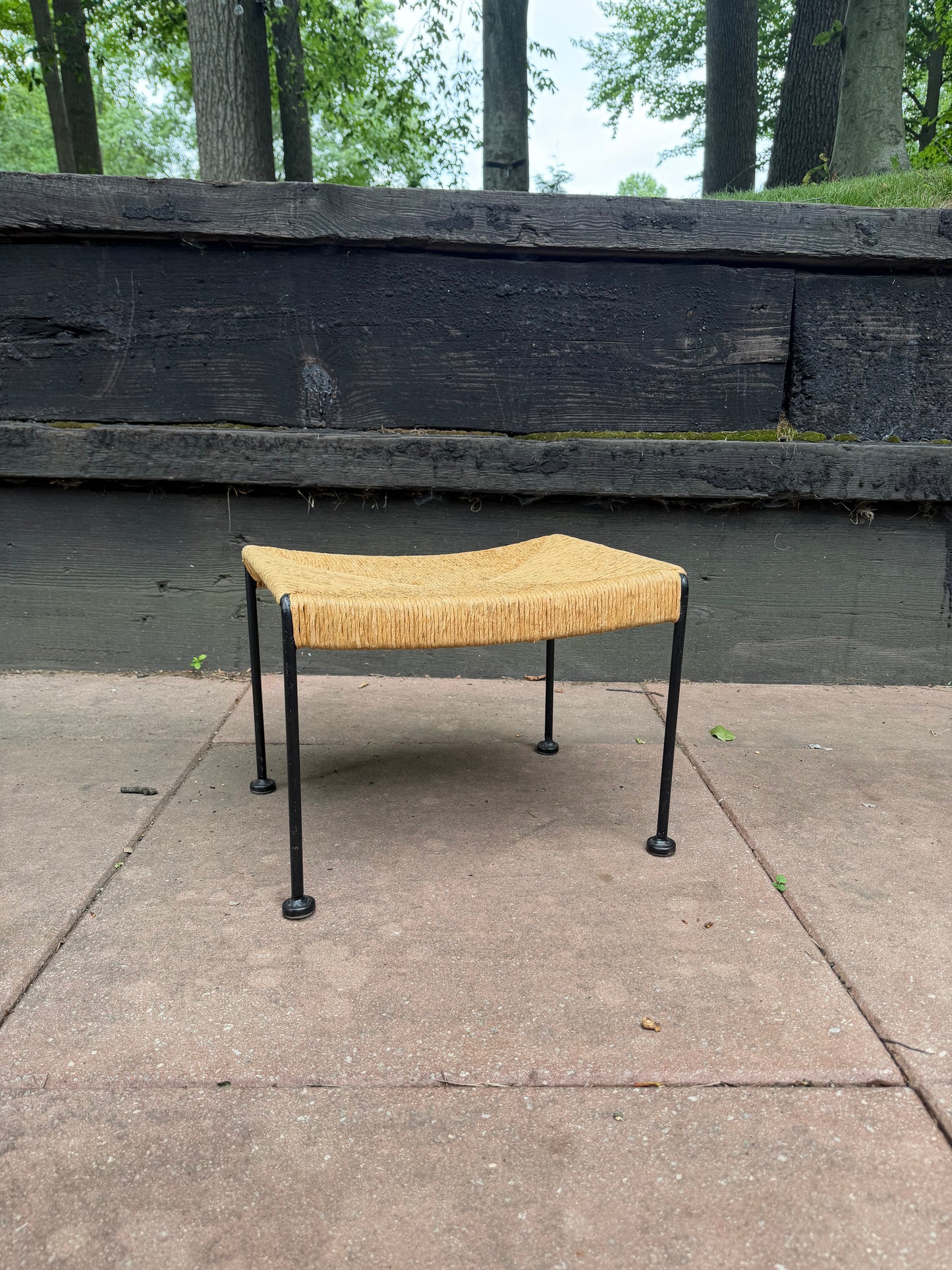 1950’s Arthur Umanoff Midcentury Modern Iron + Rush Cane ottoman Stool