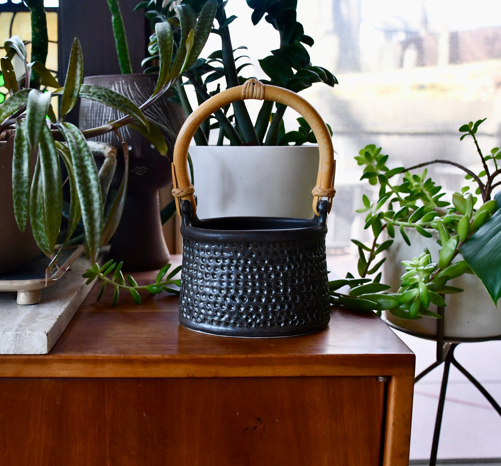 Black textured basket with a white flowerpot on a wooden surface surrounded by plants.