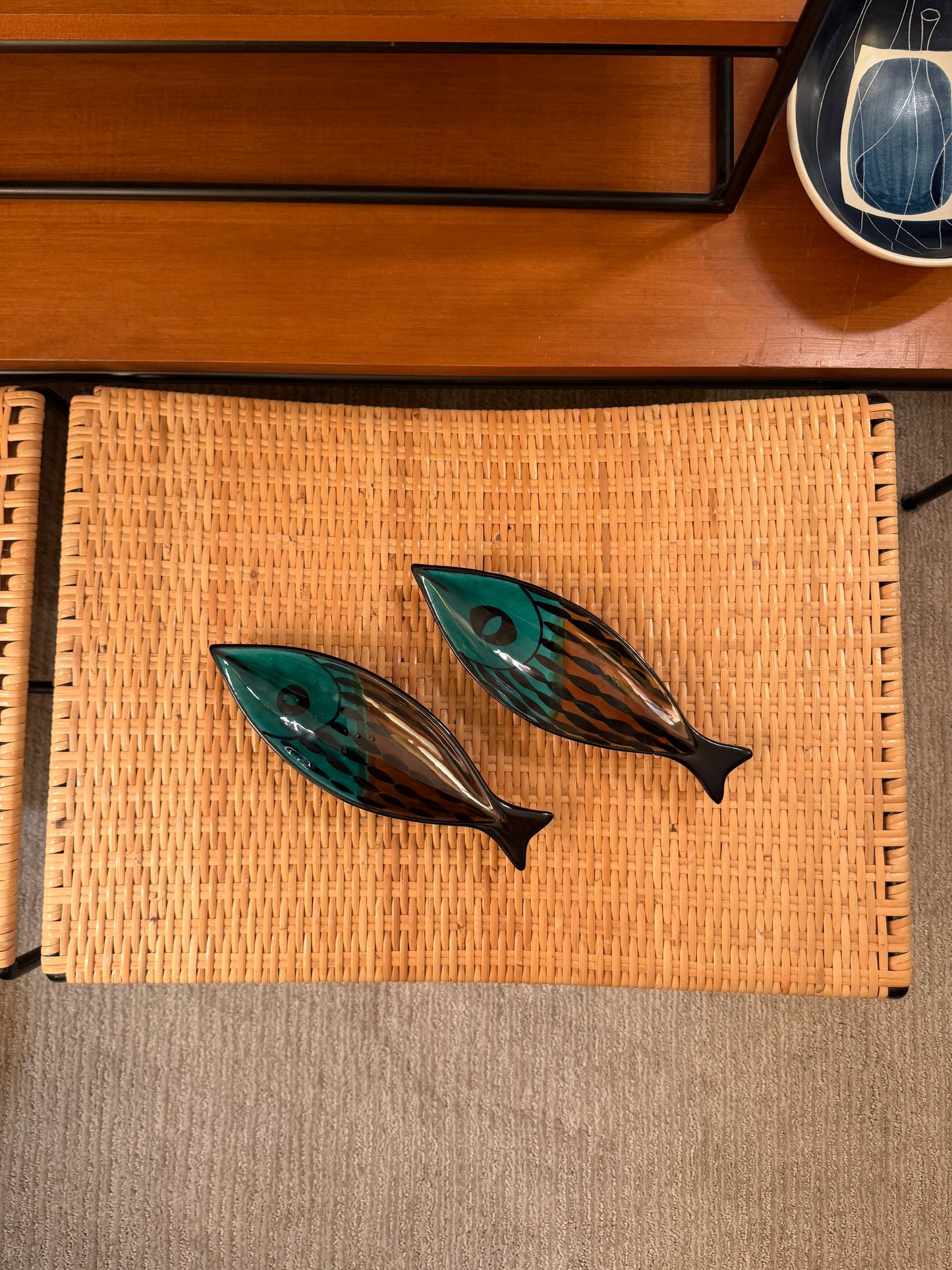 Vintage Pair of 2 Aldo Londi for Bitossi green and brown fish trays Goodfriend Imports, ca. 1950’s
