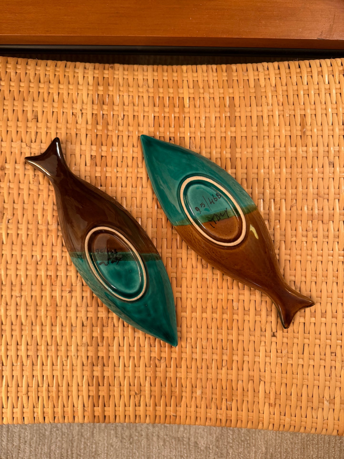 Vintage Pair of 2 Aldo Londi for Bitossi green and brown fish trays Goodfriend Imports, ca. 1950’s