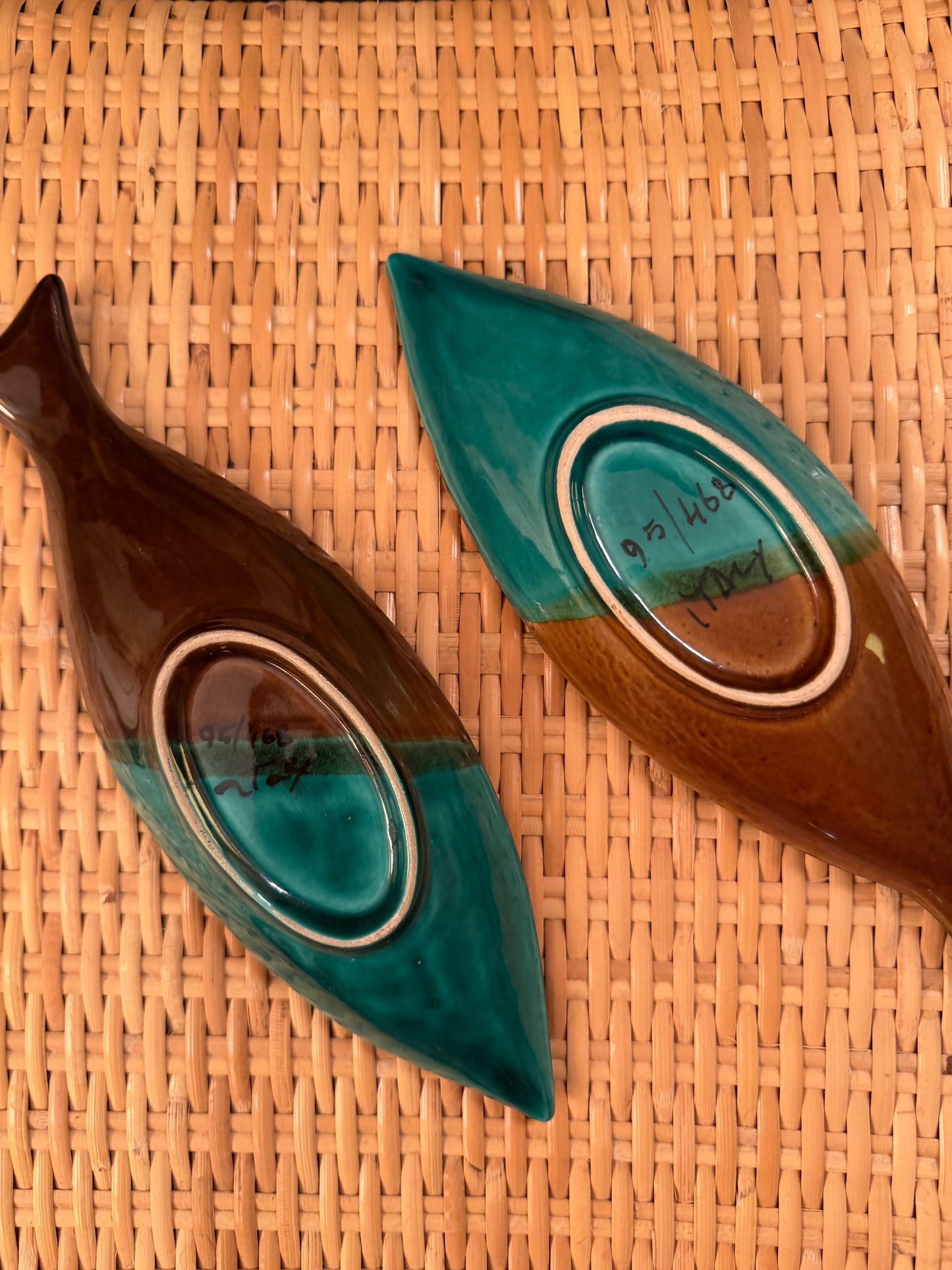 Vintage Pair of 2 Aldo Londi for Bitossi green and brown fish trays Goodfriend Imports, ca. 1950’s