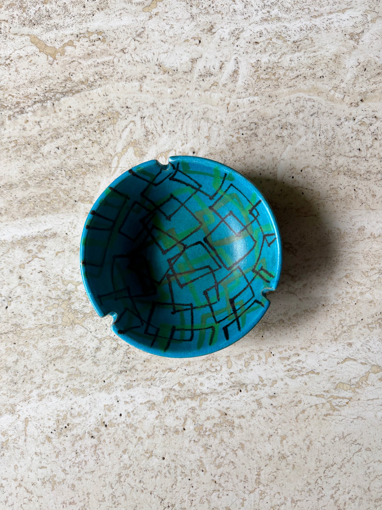 RARE Vintage Alvino Bagni Italian Ceramic Pottery Blue Black Green Ashtray, ca. 1960's
