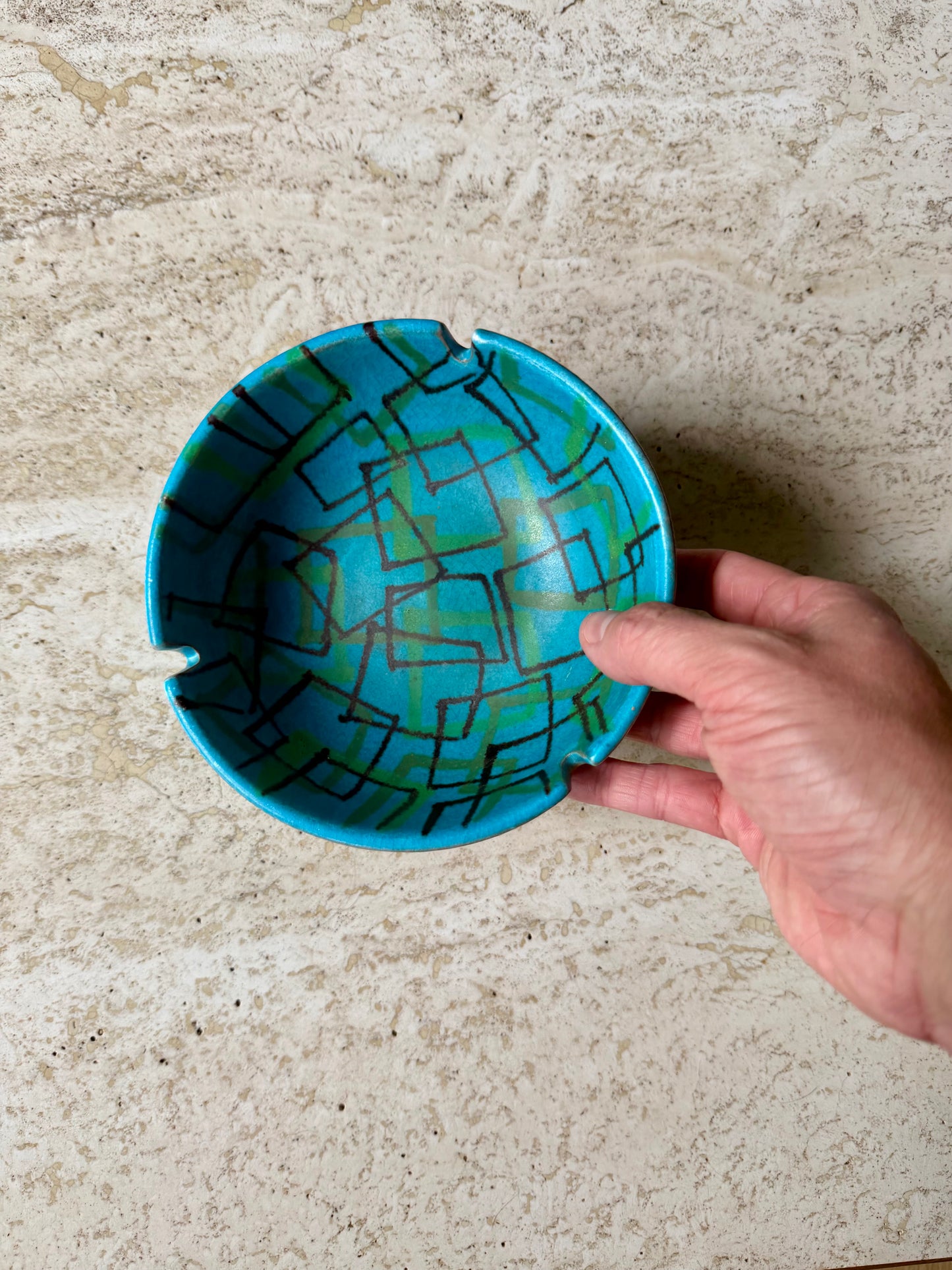 RARE Vintage Alvino Bagni Italian Ceramic Pottery Blue Black Green Ashtray, ca. 1960's