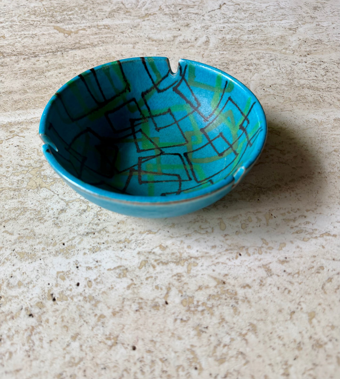 RARE Vintage Alvino Bagni Italian Ceramic Pottery Blue Black Green Ashtray, ca. 1960's