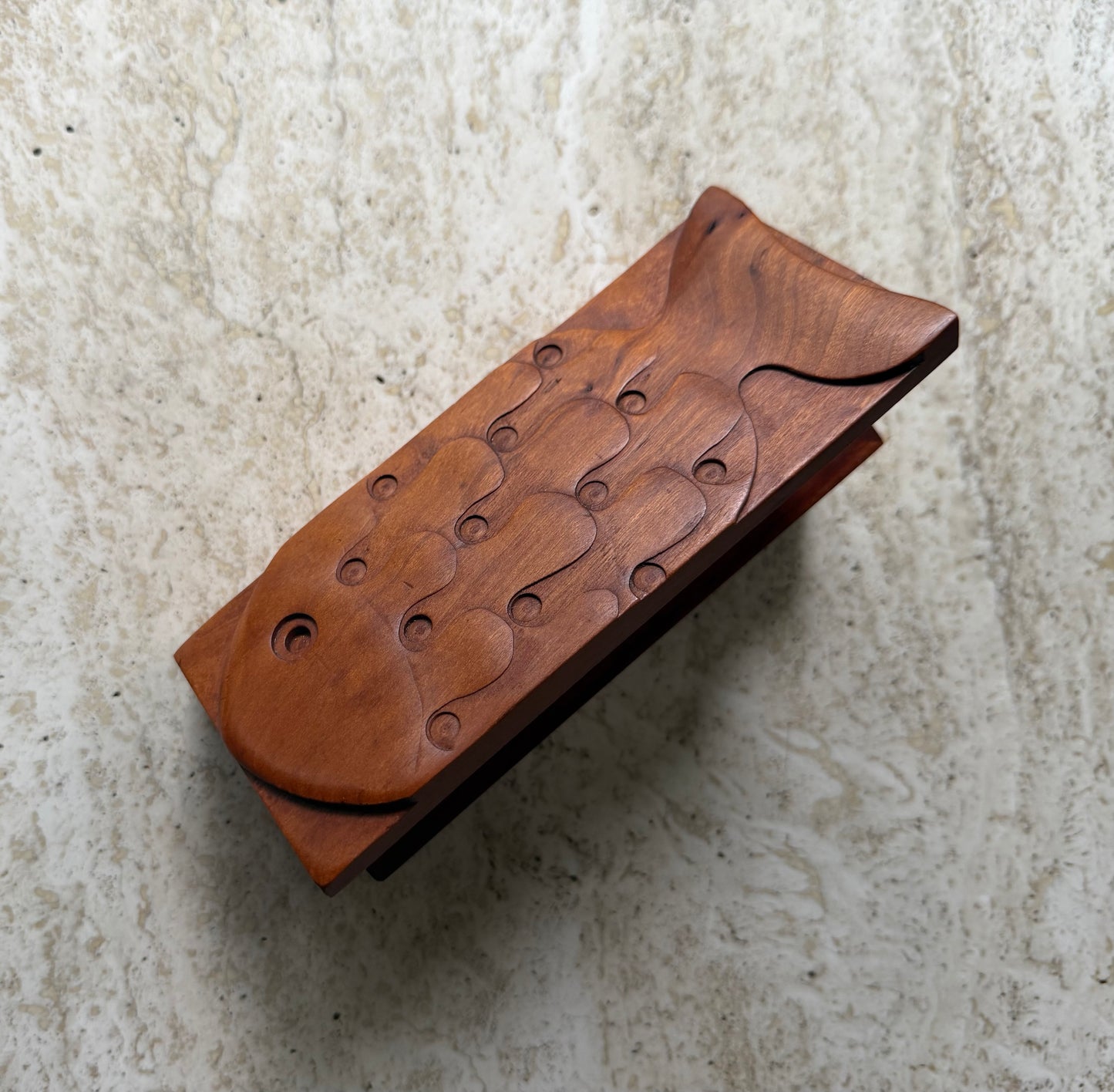 Vintage Carved Cherry Wood Fish Box by Peter Kwasniewski