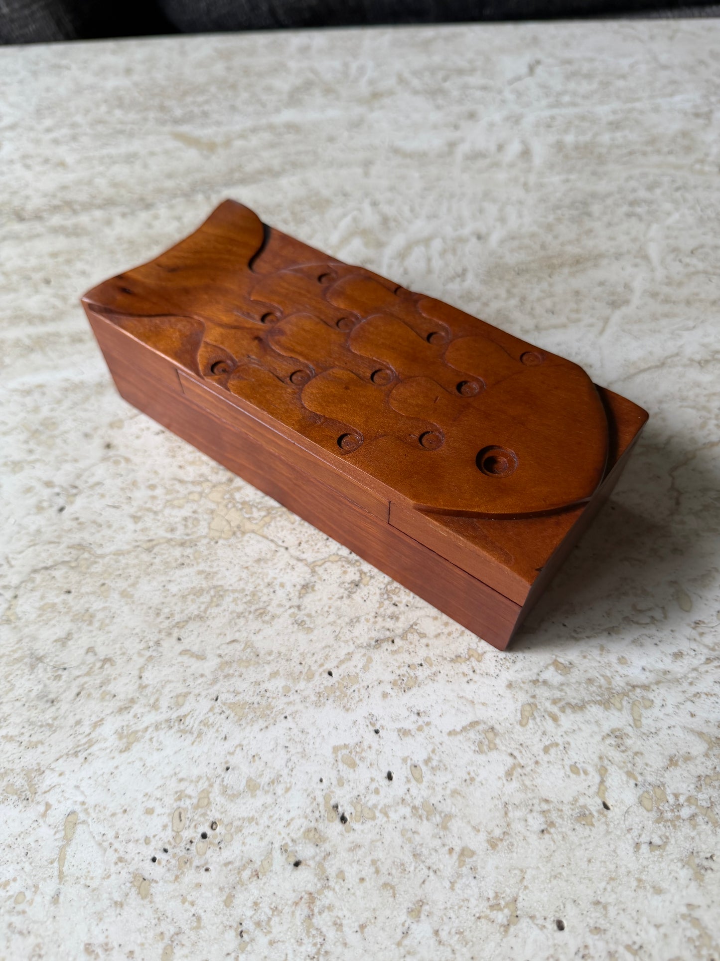 Vintage Carved Cherry Wood Fish Box by Peter Kwasniewski