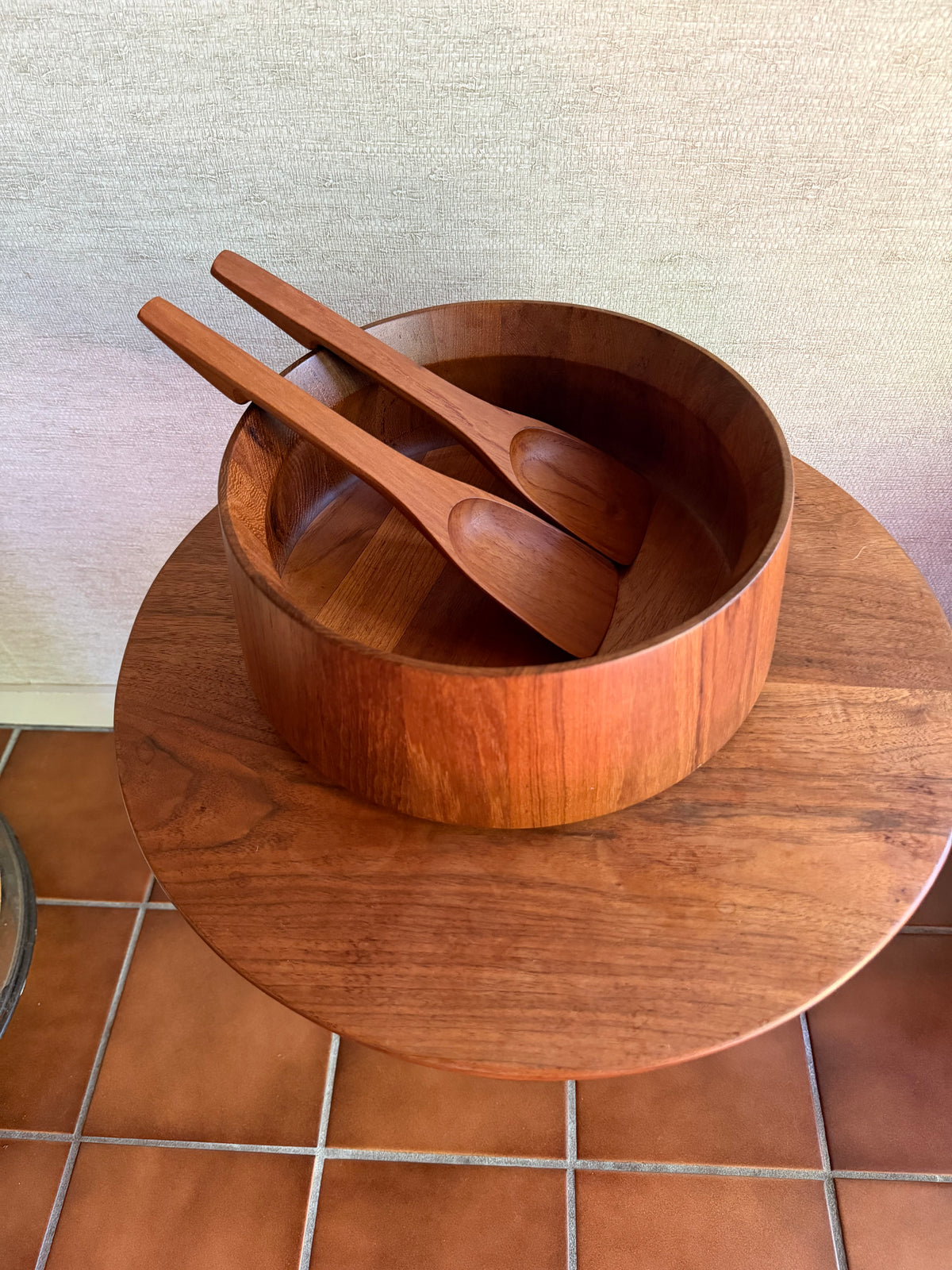 Danish Modern Vintage Large Staved Teak Bowl with Tongs by Jens Quistgaard for Dansk, Made in Denmark, ca. 1970's
