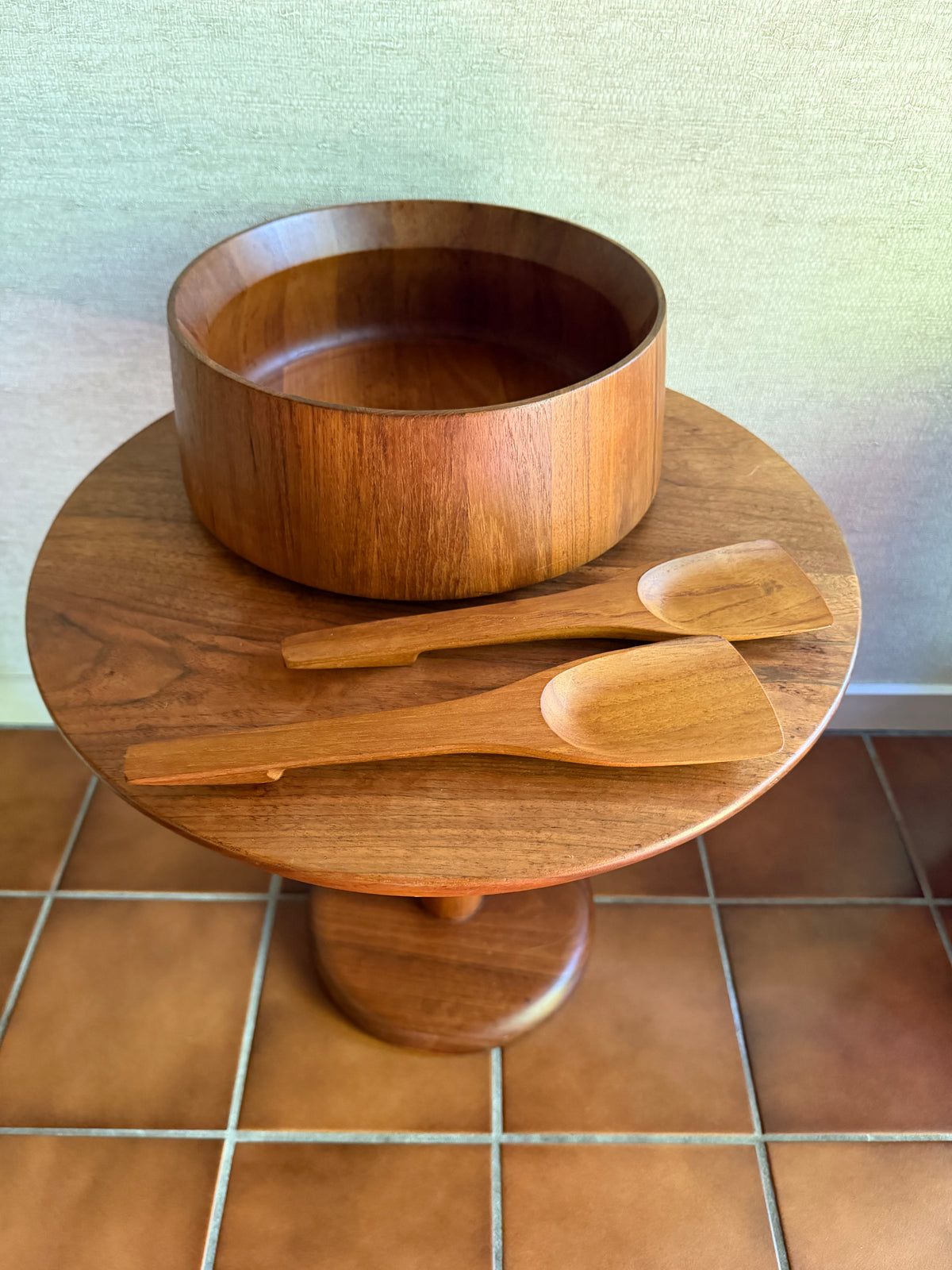 Danish Modern Vintage Large Staved Teak Bowl with Tongs by Jens Quistgaard for Dansk, Made in Denmark, ca. 1970's