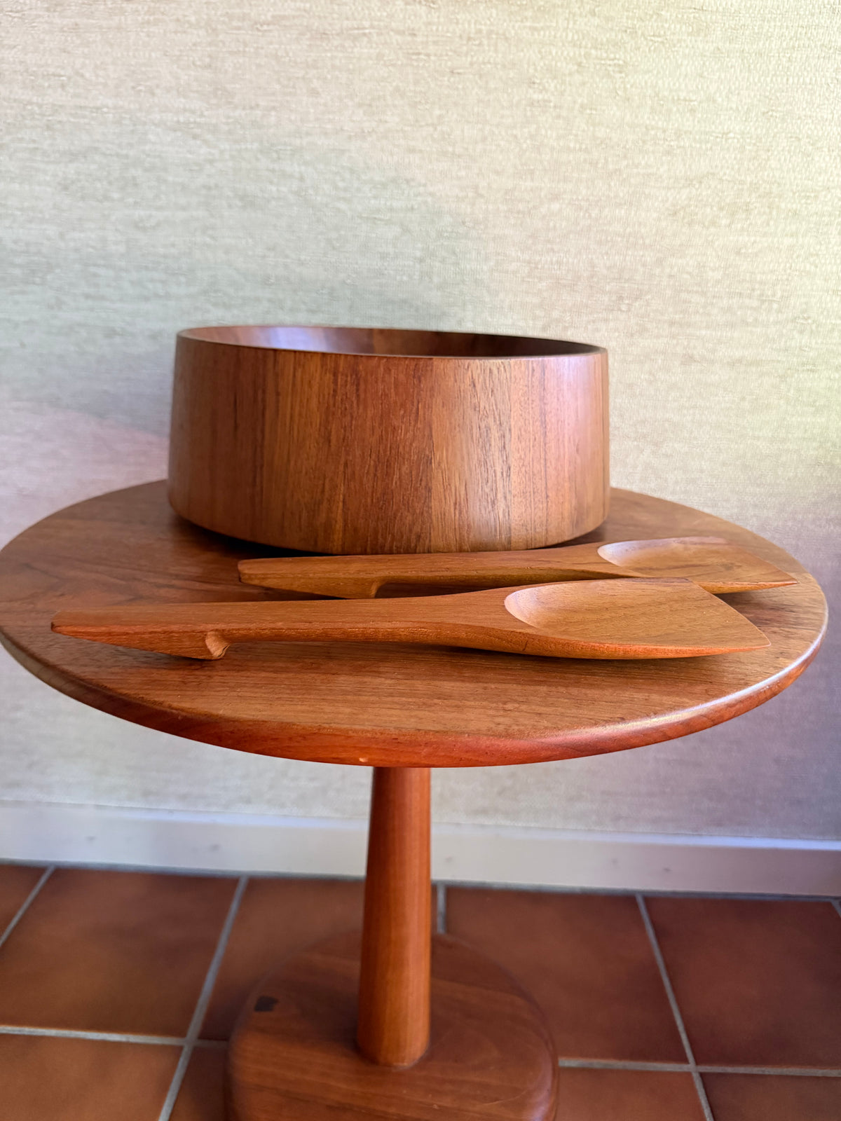 Danish Modern Vintage Large Staved Teak Bowl with Tongs by Jens Quistgaard for Dansk, Made in Denmark, ca. 1970's