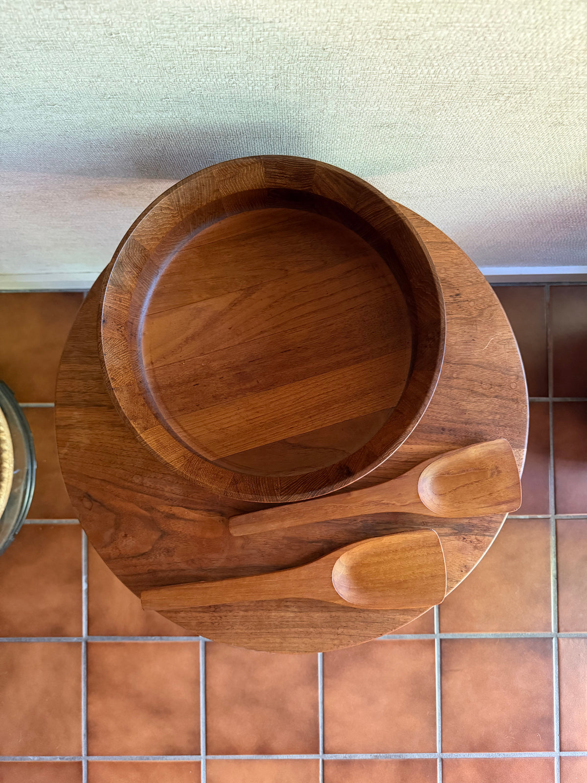 Danish Modern Vintage Large Staved Teak Bowl with Tongs by Jens Quistgaard for Dansk, Made in Denmark, ca. 1970's