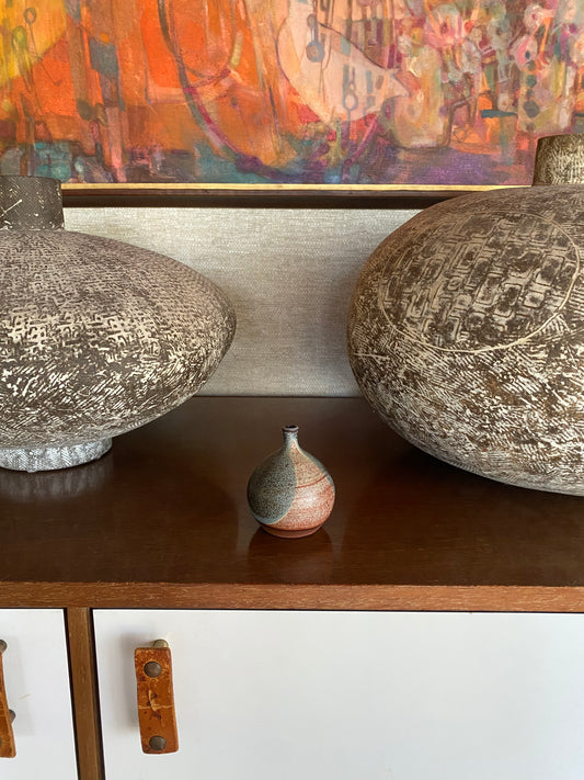 Gorgeous Blue and Red Glazed Handmade Studio Pottery Bud Vase, signed CSH