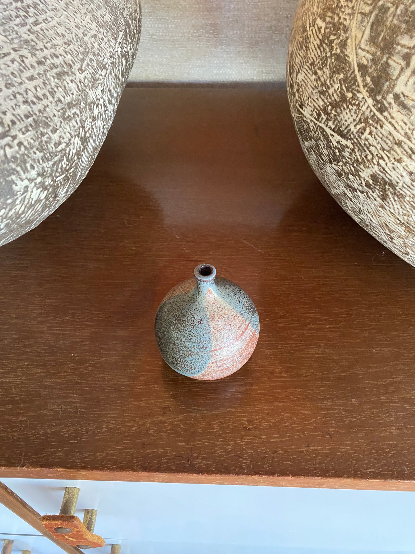Gorgeous Blue and Red Glazed Handmade Studio Pottery Bud Vase, signed CSH