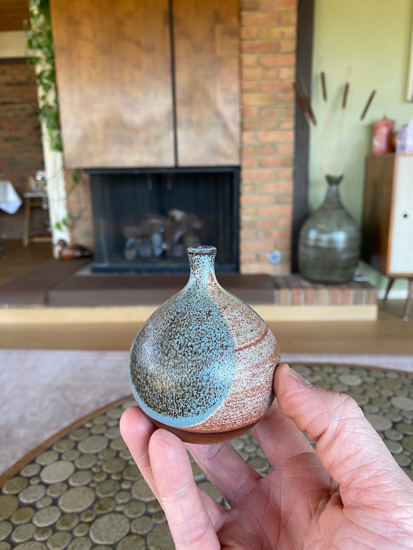 Gorgeous Blue and Red Glazed Handmade Studio Pottery Bud Vase, signed CSH