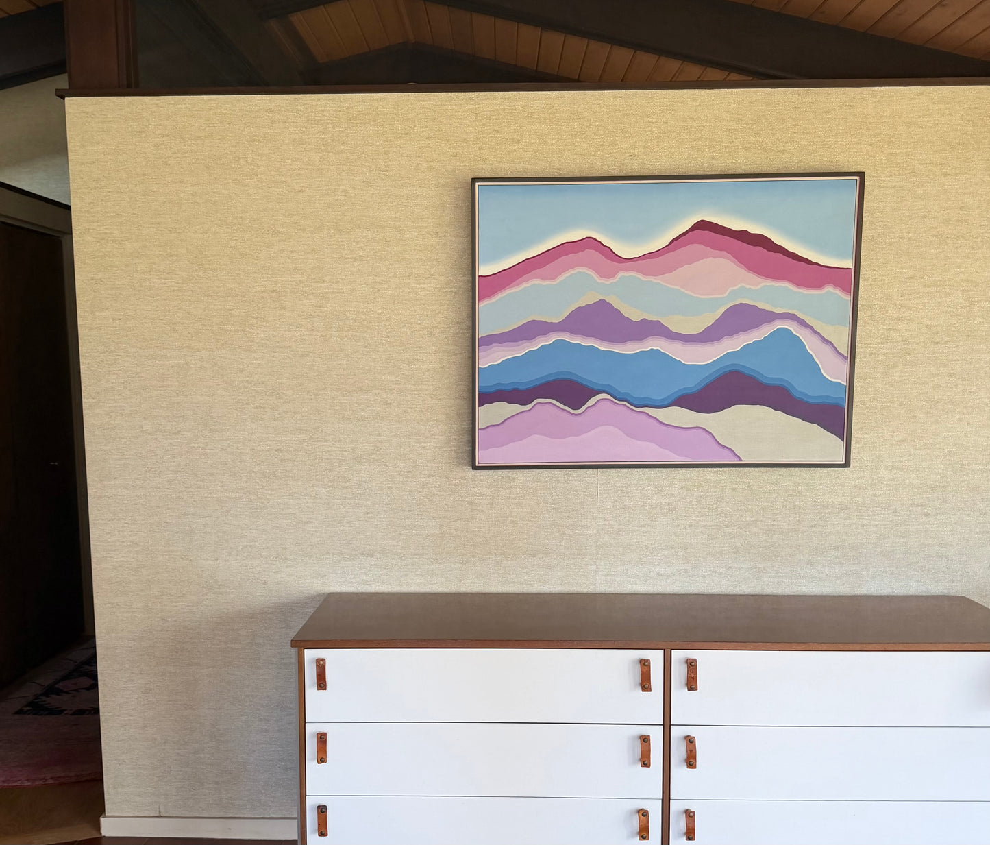 Vintage One-of-a-Kind Abstract Blue Purple Pink White Hard Edge Oil on Canvas Painting, signed B. Hilliard, ca. 1970's