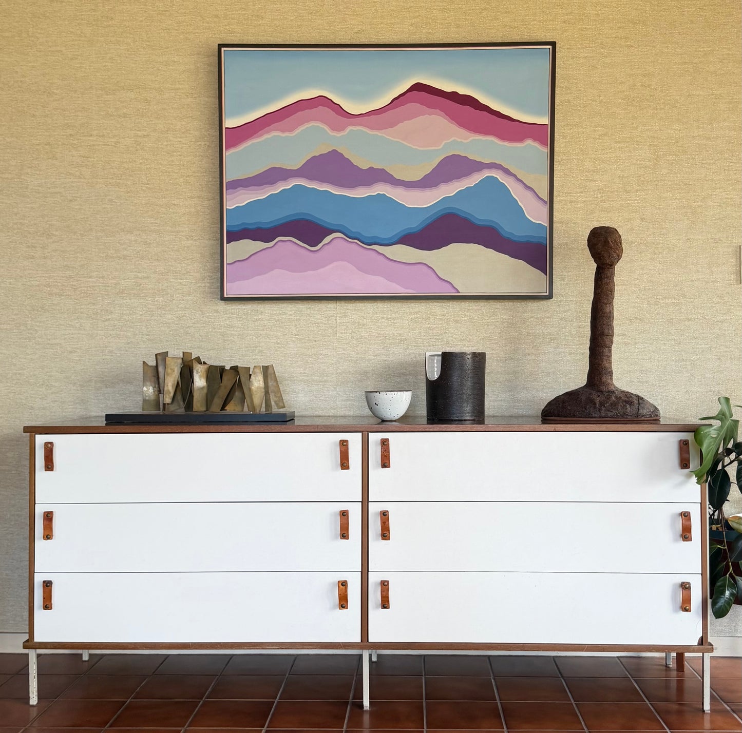 Vintage One-of-a-Kind Abstract Blue Purple Pink White Hard Edge Oil on Canvas Painting, signed B. Hilliard, ca. 1970's