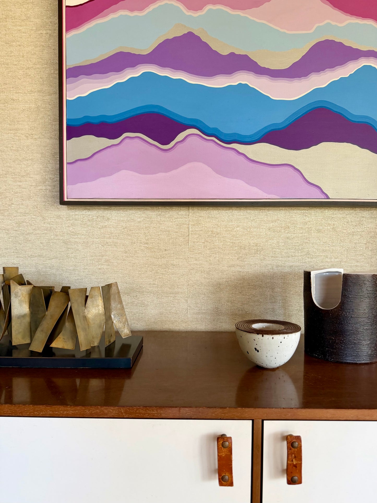 Vintage One-of-a-Kind Abstract Blue Purple Pink White Hard Edge Oil on Canvas Painting, signed B. Hilliard, ca. 1970's