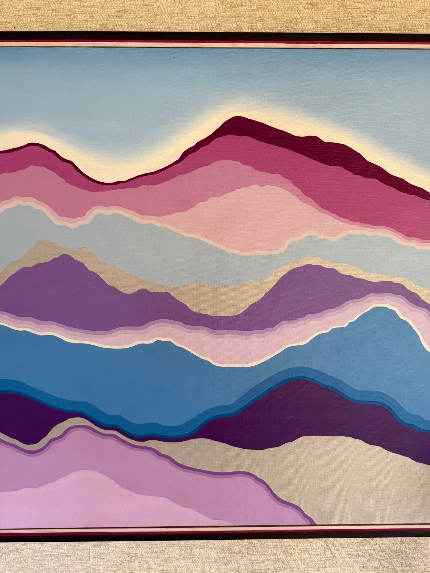 Vintage One-of-a-Kind Abstract Blue Purple Pink White Hard Edge Oil on Canvas Painting, signed B. Hilliard, ca. 1970's