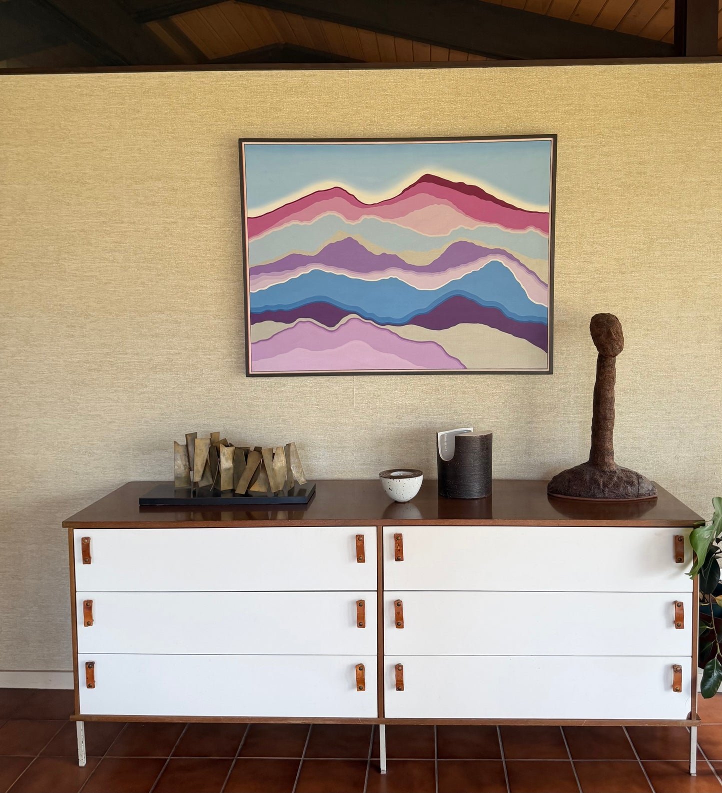 Vintage One-of-a-Kind Abstract Blue Purple Pink White Hard Edge Oil on Canvas Painting, signed B. Hilliard, ca. 1970's