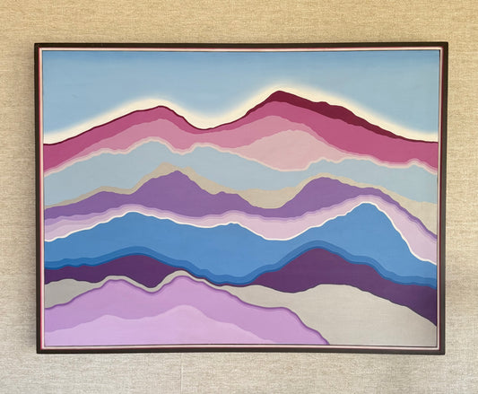 Vintage One-of-a-Kind Abstract Blue Purple Pink White Hard Edge Oil on Canvas Painting, signed B. Hilliard, ca. 1970's