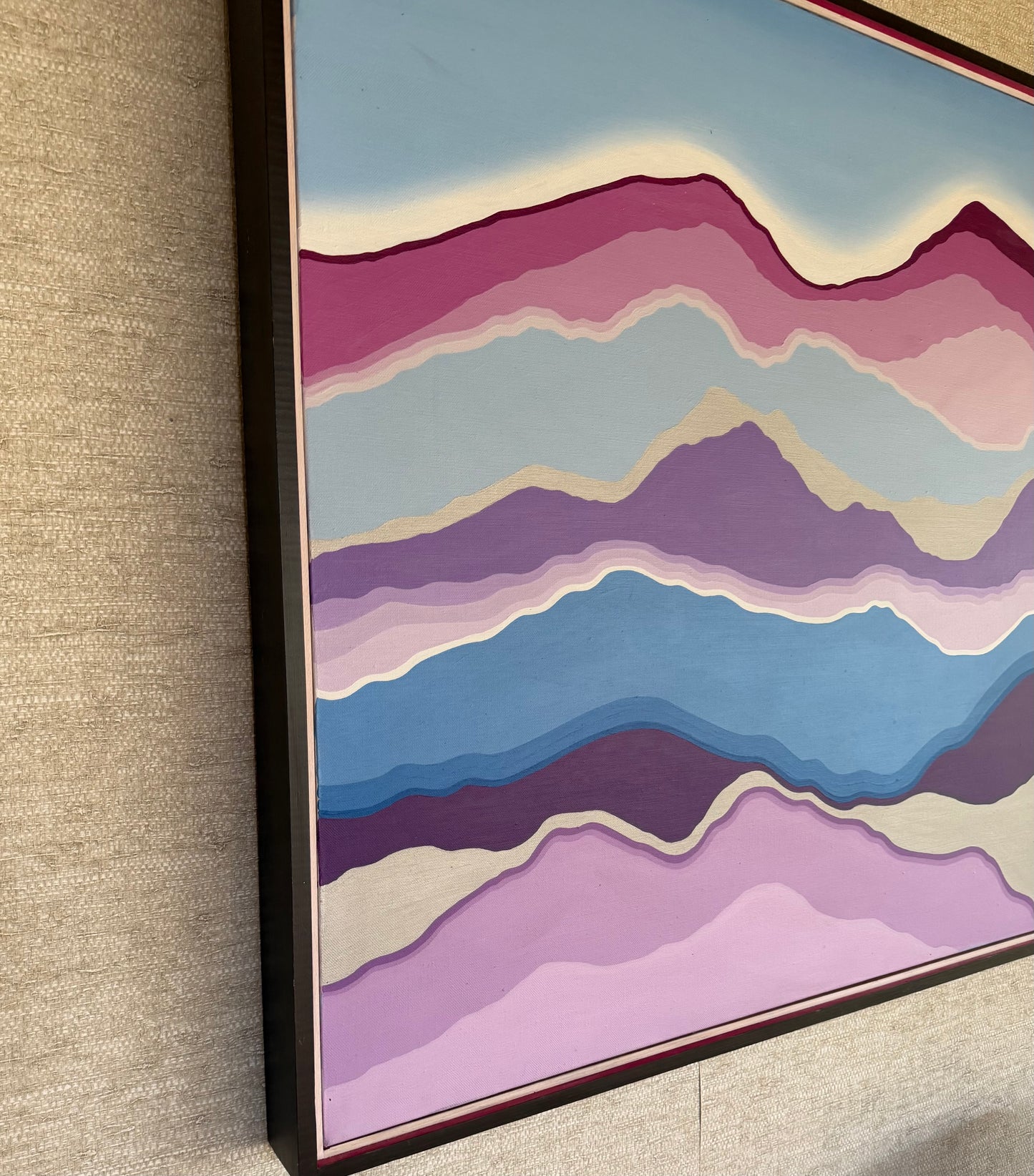 Vintage One-of-a-Kind Abstract Blue Purple Pink White Hard Edge Oil on Canvas Painting, signed B. Hilliard, ca. 1970's