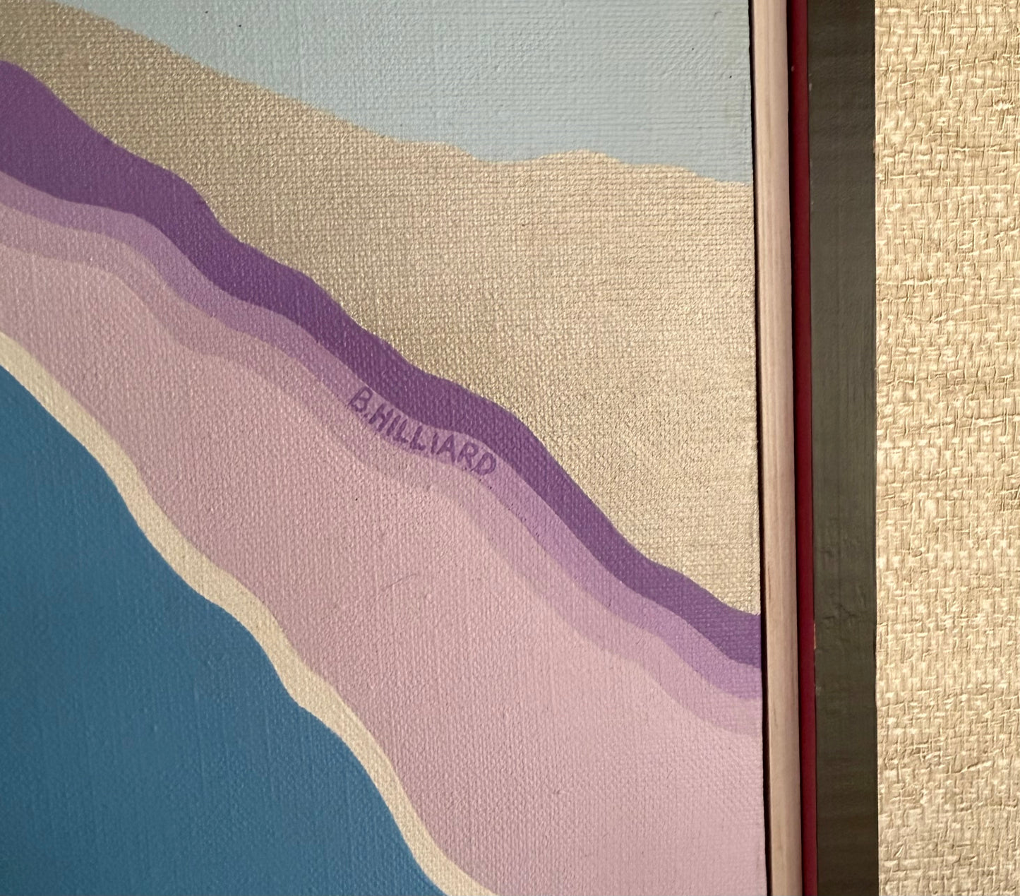 Vintage One-of-a-Kind Abstract Blue Purple Pink White Hard Edge Oil on Canvas Painting, signed B. Hilliard, ca. 1970's