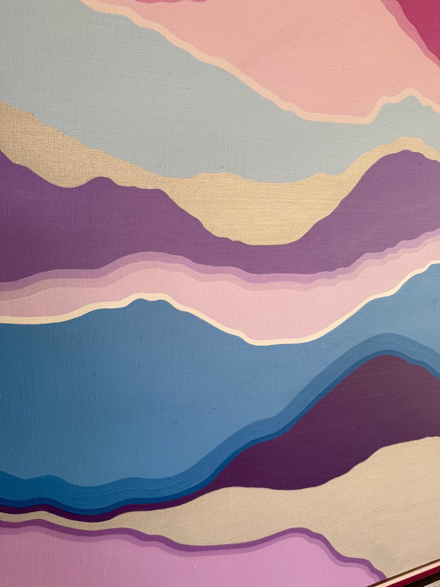 Vintage One-of-a-Kind Abstract Blue Purple Pink White Hard Edge Oil on Canvas Painting, signed B. Hilliard, ca. 1970's