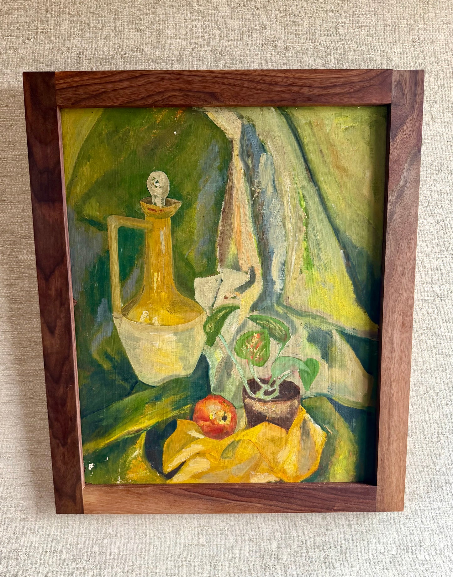 Vintage Handmade One-of-a-Kind Original Midcentury Modern Green, Yellow, Red and White Oil on Board Still Life Painting by Jane Kovacic, ca. 1960's