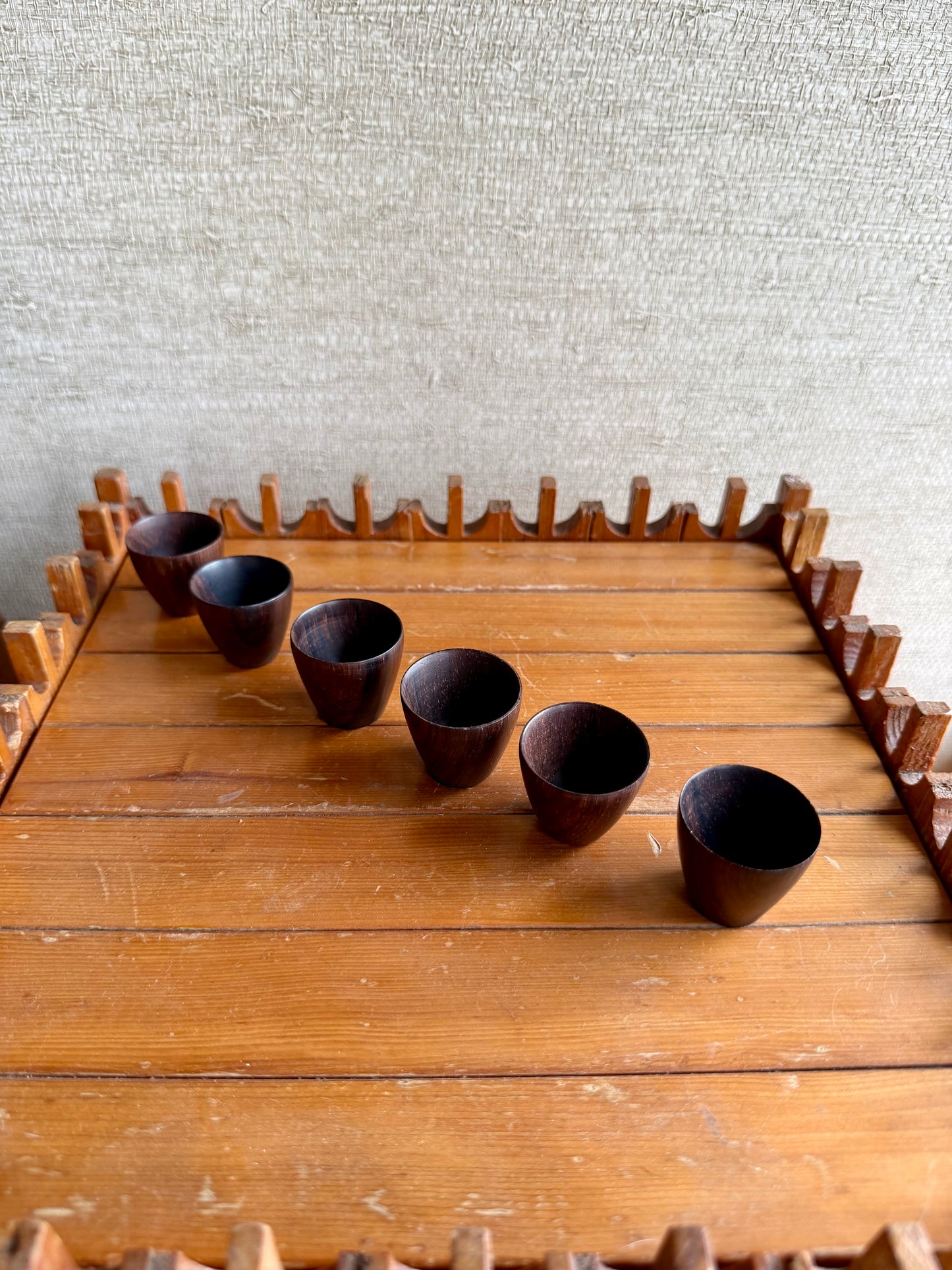 Vintage Handmade Set of 6 Danish Modern Turned Rosewood Shot Glasses, ca. 1960's