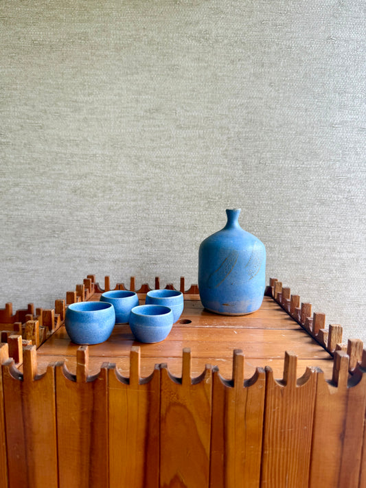 Vintage Handmade One-of-a-Kind Blue Ceramic Pottery Vase and Cups Set, signed AAU, 1974
