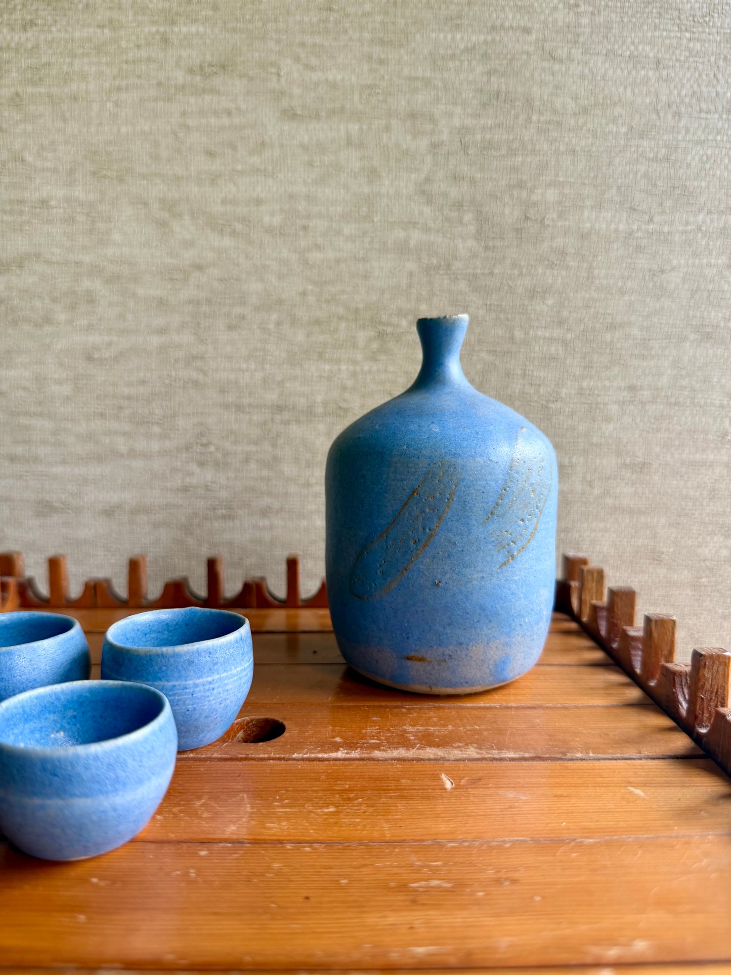Vintage Handmade One-of-a-Kind Blue Ceramic Pottery Vase and Cups Set, signed AAU, 1974