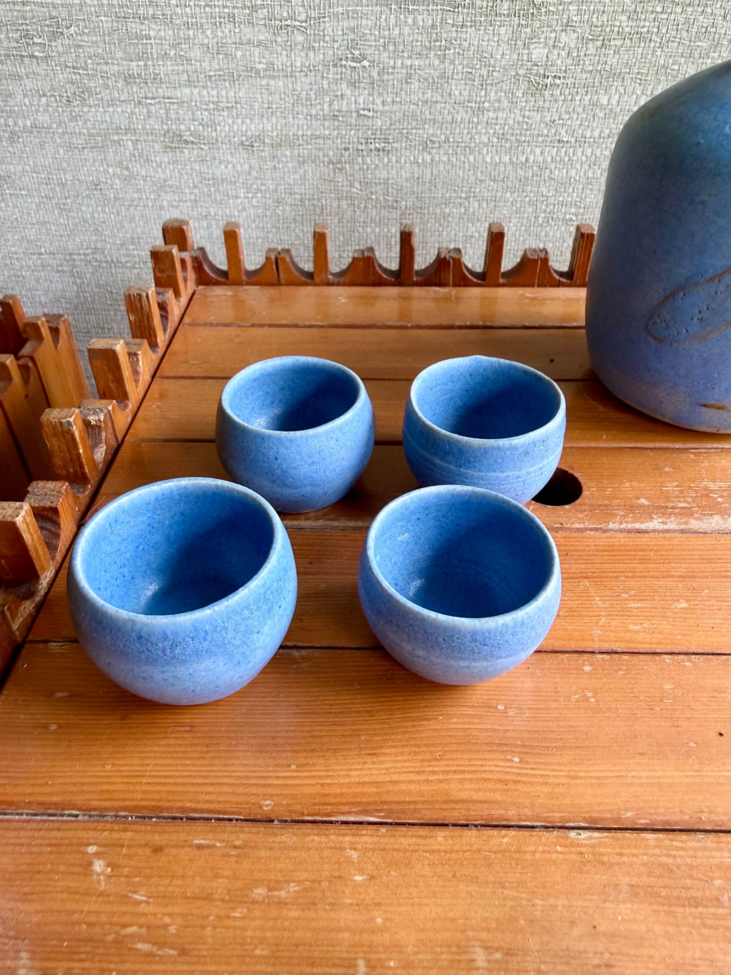 Vintage Handmade One-of-a-Kind Blue Ceramic Pottery Vase and Cups Set, signed AAU, 1974