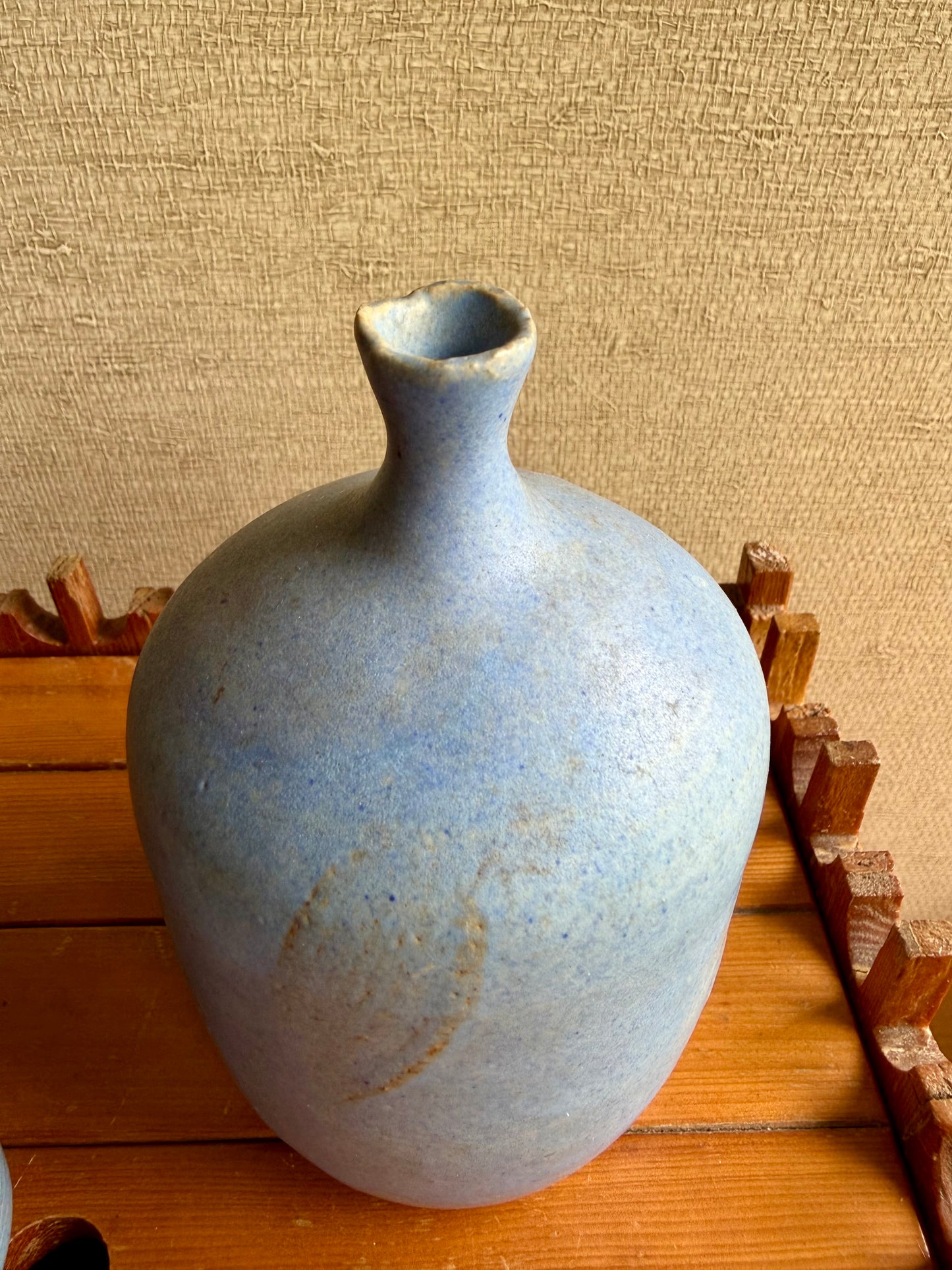 Vintage Handmade One-of-a-Kind Blue Ceramic Pottery Vase and Cups Set, signed AAU, 1974