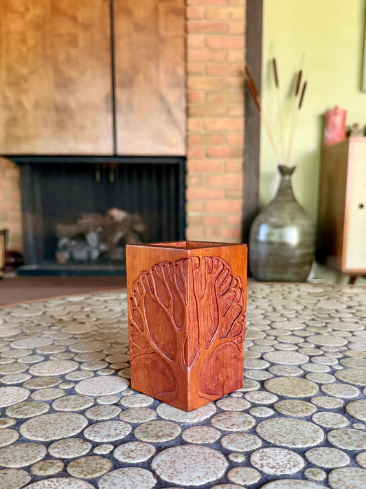 Vintage Handmade Carved Walnut Wood Square Vase with Tree Decoration by Peter Kwasniewski, ca. 1970's