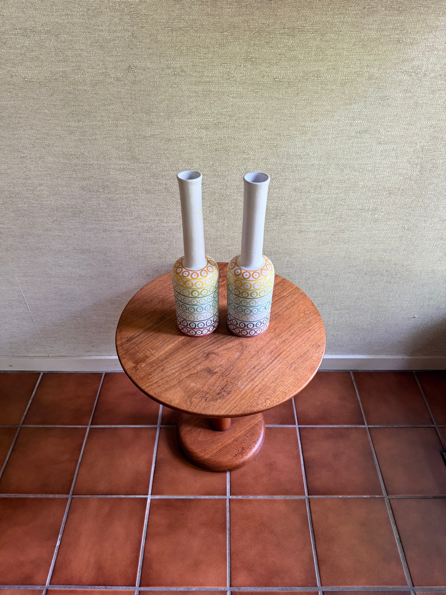 Pair of Handmade Ceramic Pottery White Bottle Vases with Rainbow Decor by Aldo Londi for Bitossi, ca. 1950’s