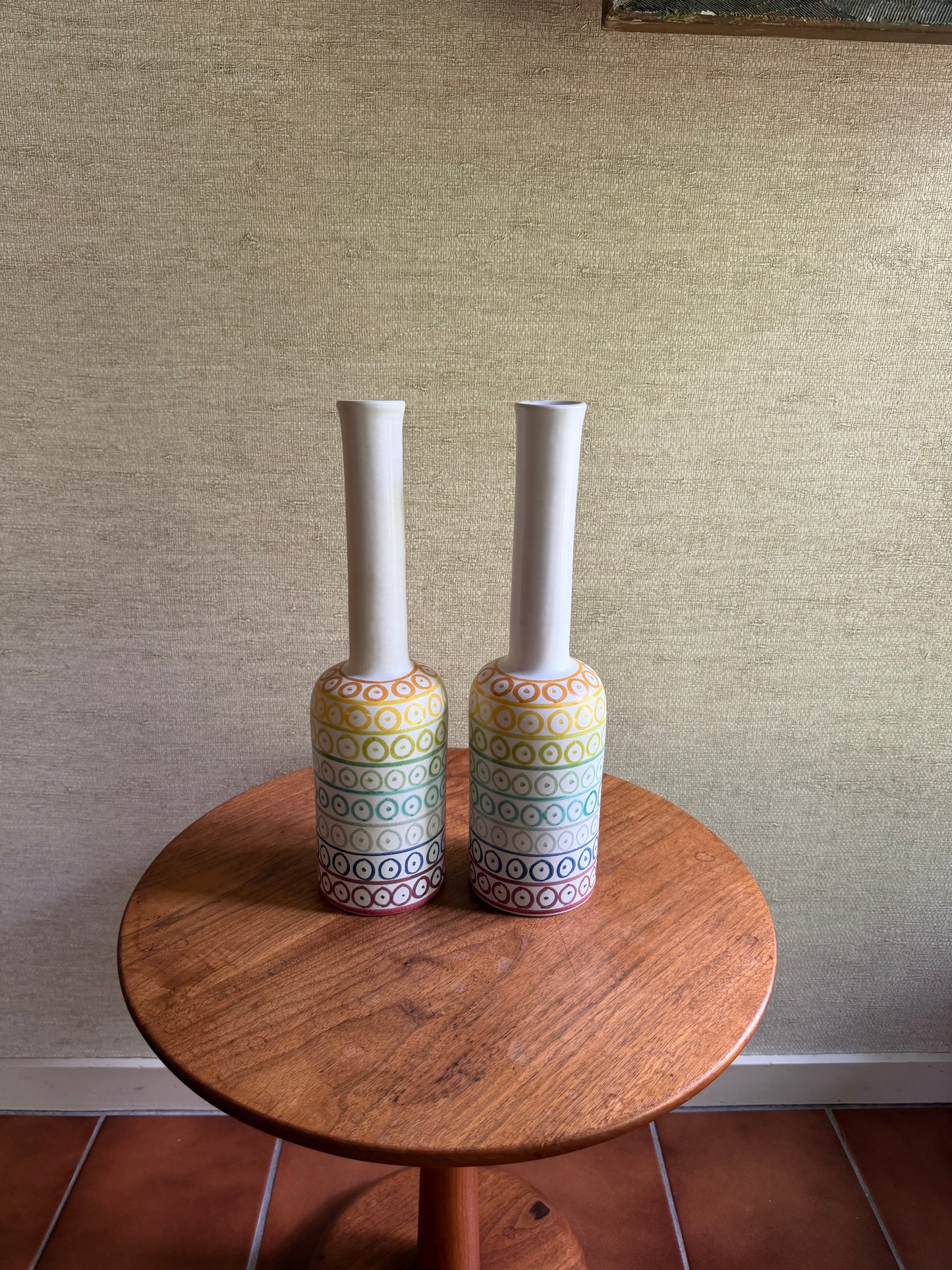 Pair of Handmade Ceramic Pottery White Bottle Vases with Rainbow Decor by Aldo Londi for Bitossi, ca. 1950’s