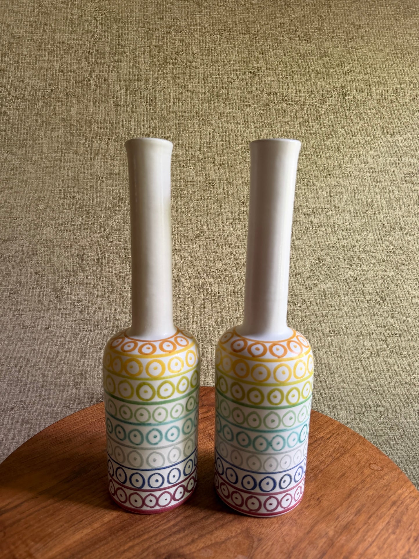 Pair of Handmade Ceramic Pottery White Bottle Vases with Rainbow Decor by Aldo Londi for Bitossi, ca. 1950’s