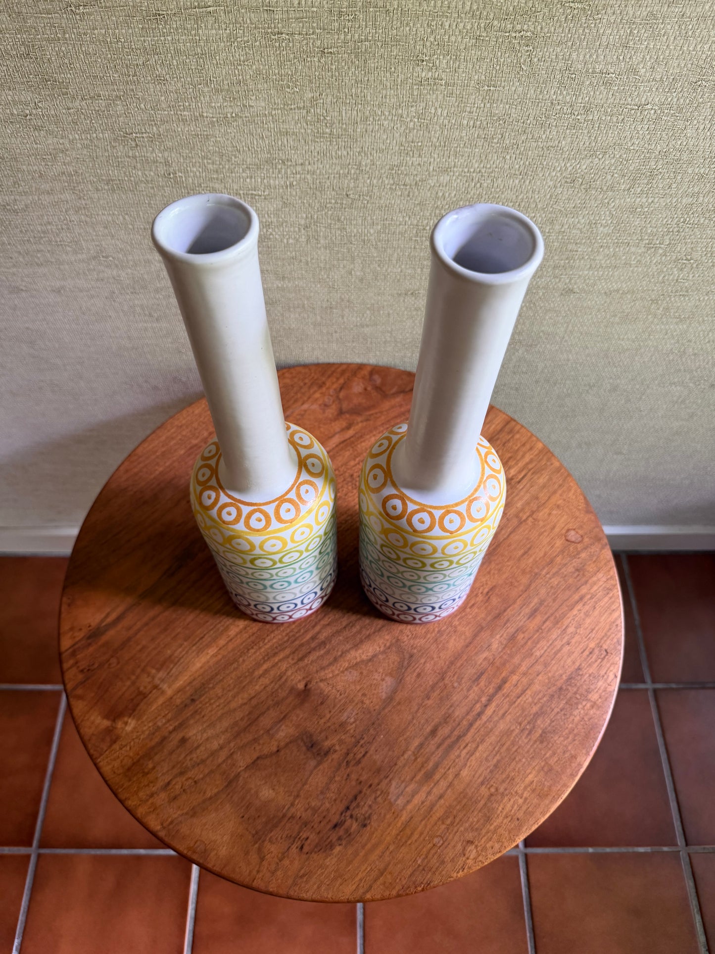 Pair of Handmade Ceramic Pottery White Bottle Vases with Rainbow Decor by Aldo Londi for Bitossi, ca. 1950’s