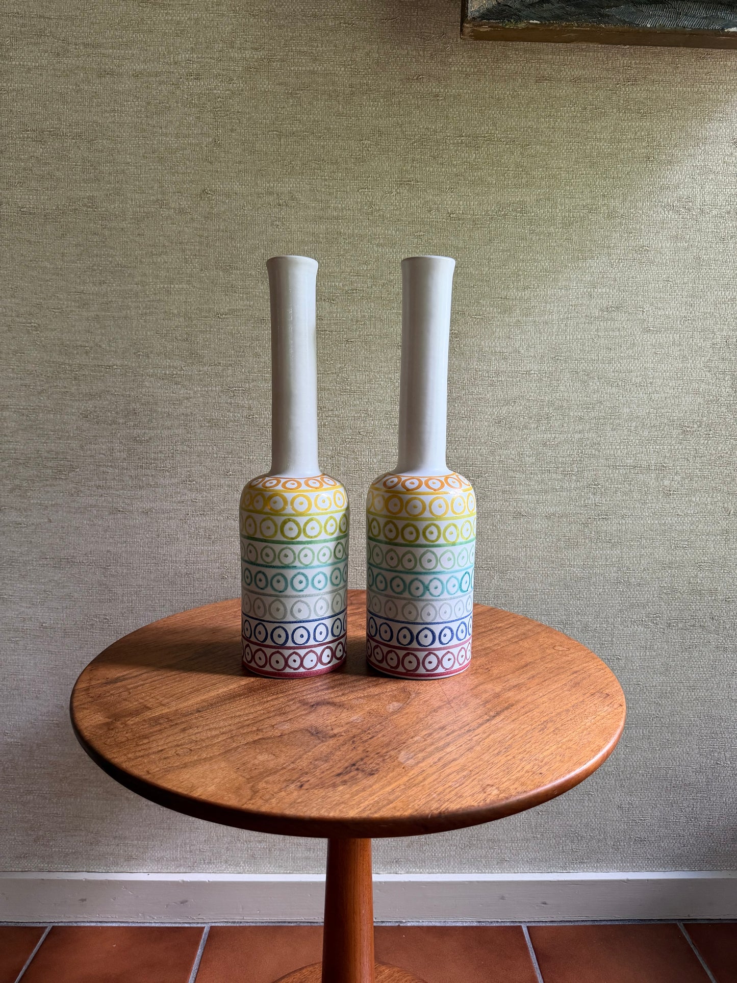 Pair of Handmade Ceramic Pottery White Bottle Vases with Rainbow Decor by Aldo Londi for Bitossi, ca. 1950’s