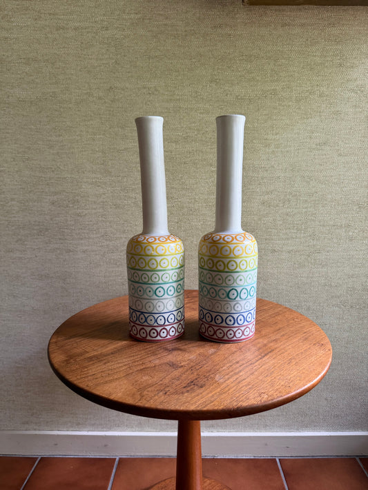 Pair of Handmade Ceramic Pottery White Bottle Vases with Rainbow Decor by Aldo Londi for Bitossi, ca. 1950’s