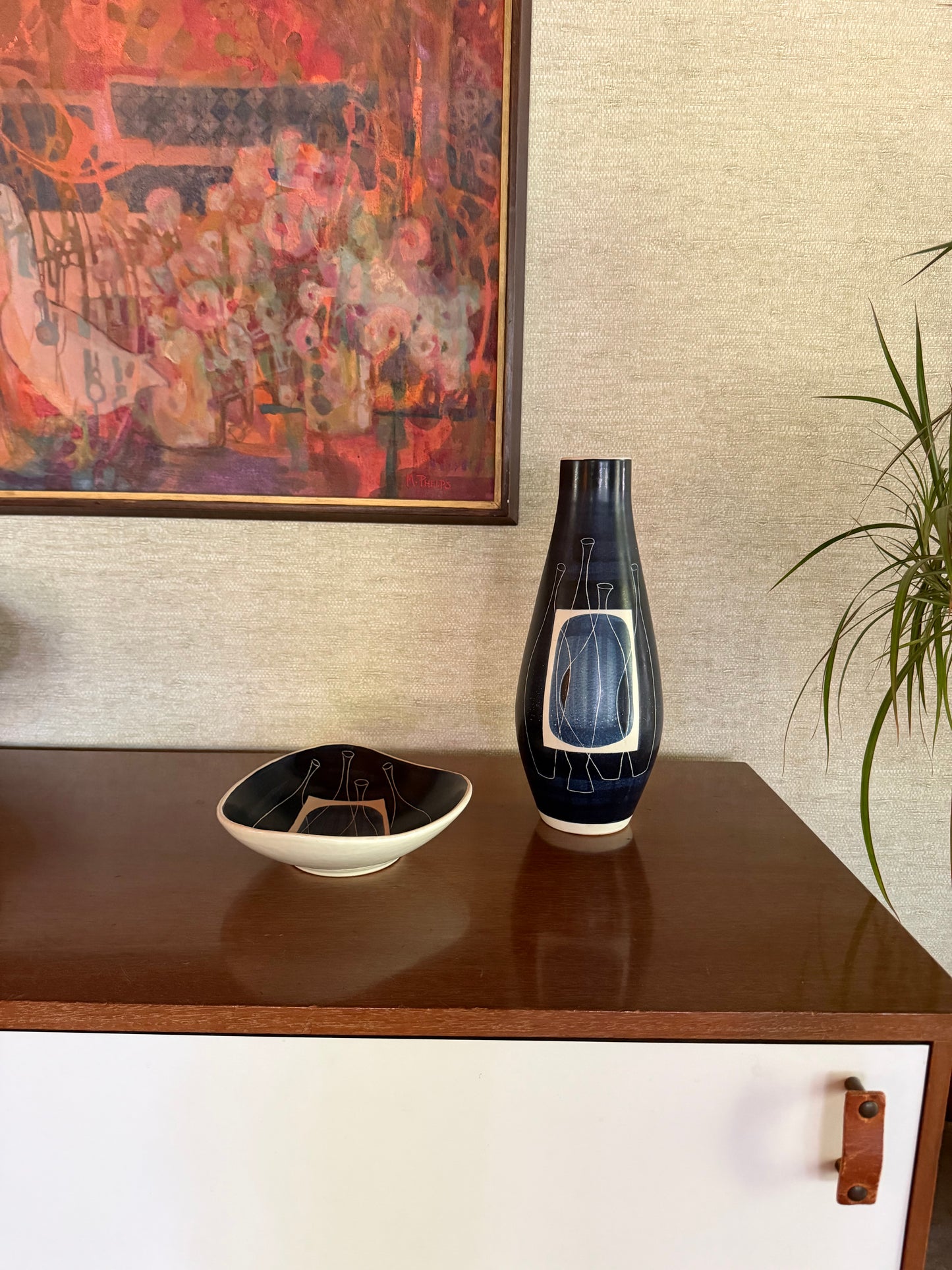 1950's Alvino Bagni for Raymor Set of Handmade Ceramic Pottery Tray and Vase with Abstract Blue White Black Bottles Decor
