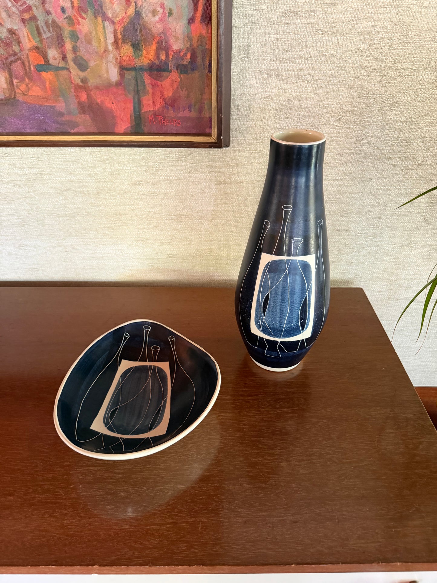 1950's Alvino Bagni for Raymor Set of Handmade Ceramic Pottery Tray and Vase with Abstract Blue White Black Bottles Decor