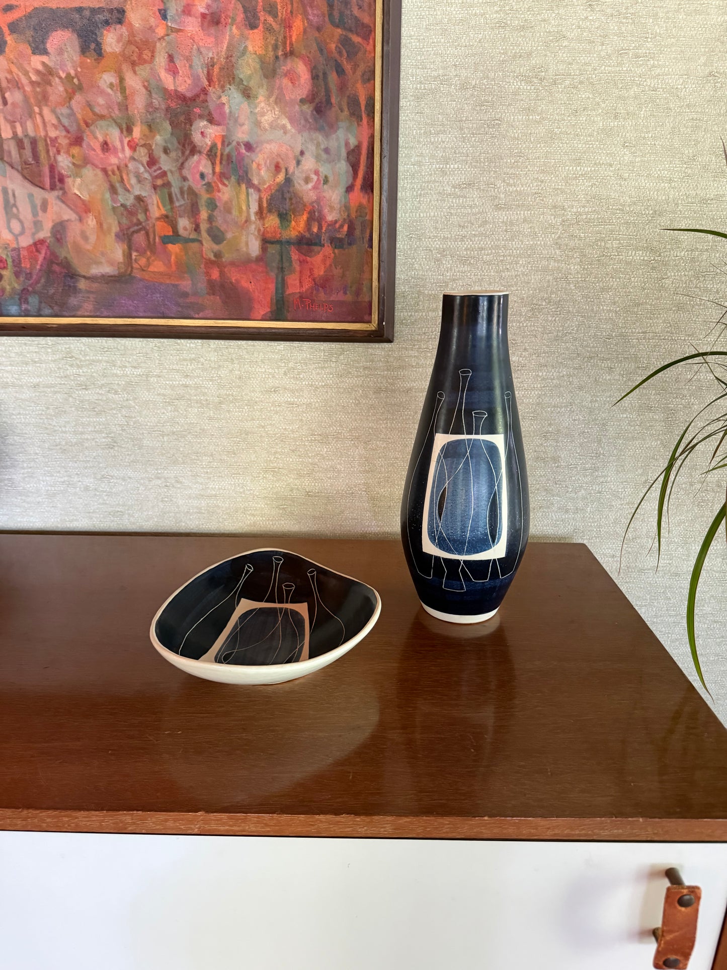 1950's Alvino Bagni for Raymor Set of Handmade Ceramic Pottery Tray and Vase with Abstract Blue White Black Bottles Decor