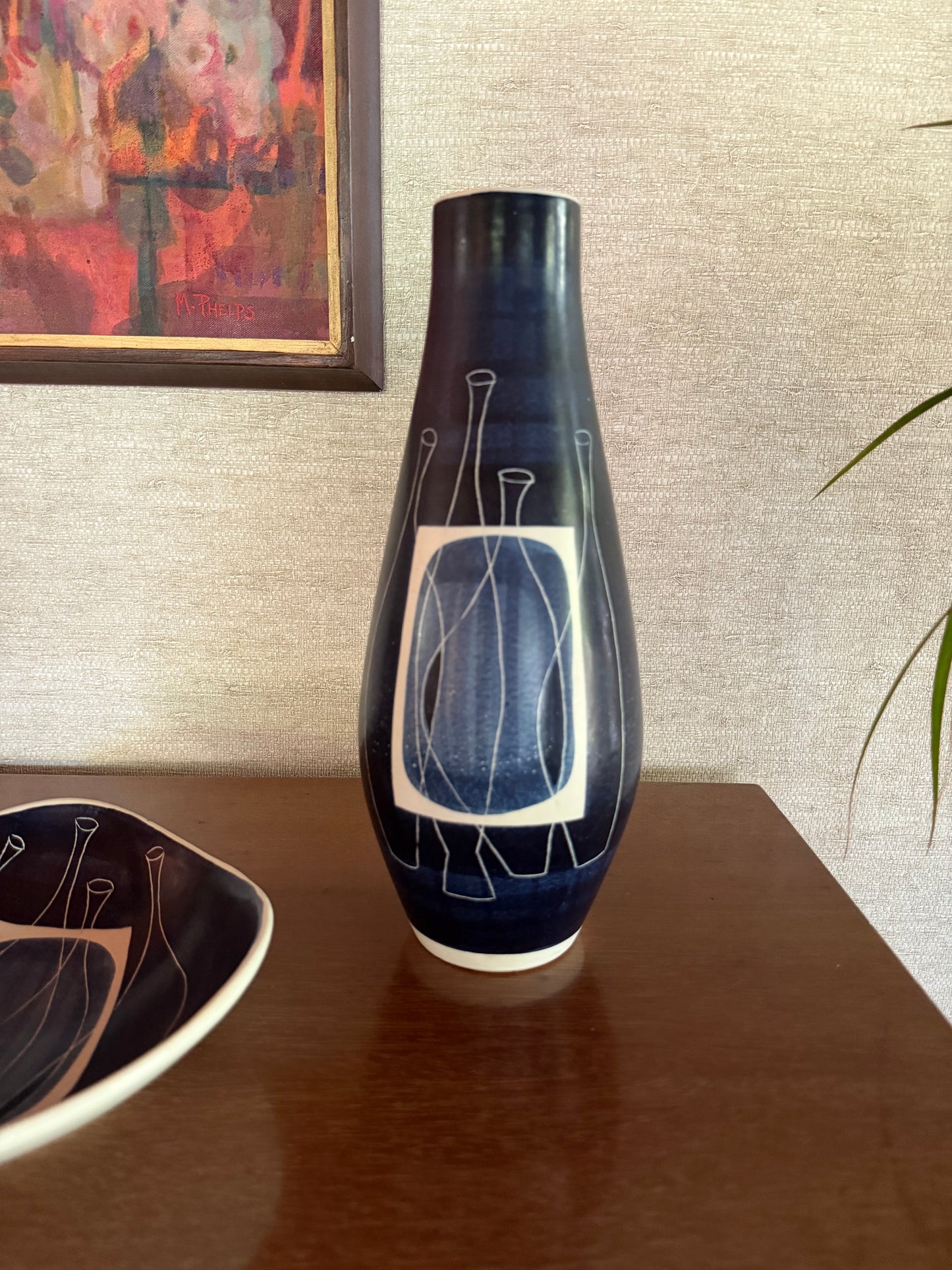 1950's Alvino Bagni for Raymor Set of Handmade Ceramic Pottery Tray and Vase with Abstract Blue White Black Bottles Decor
