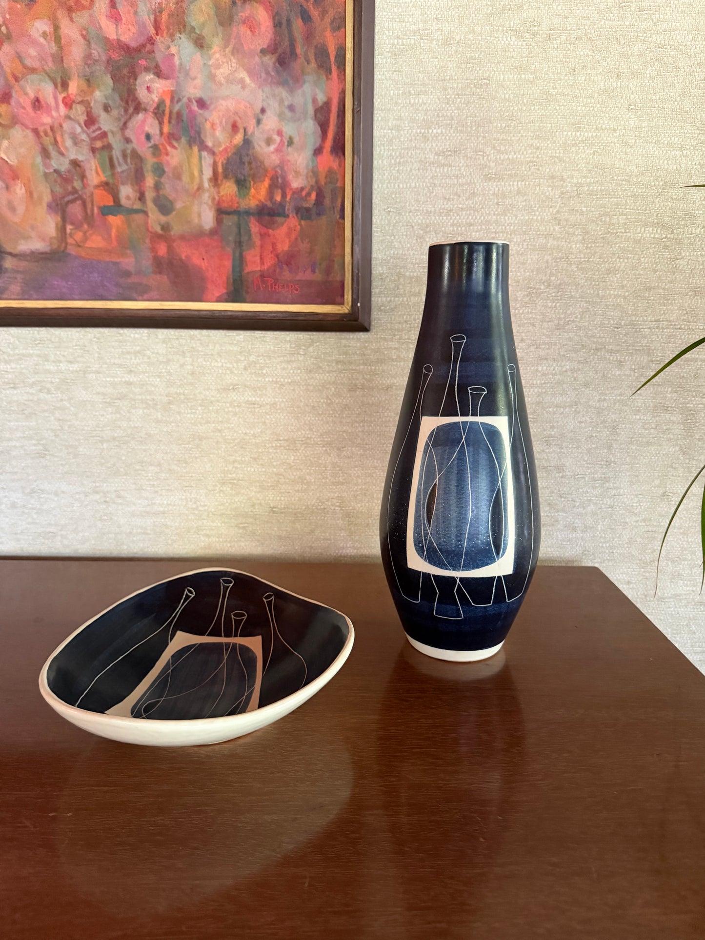 1950's Alvino Bagni for Raymor Set of Handmade Ceramic Pottery Tray and Vase with Abstract Blue White Black Bottles Decor