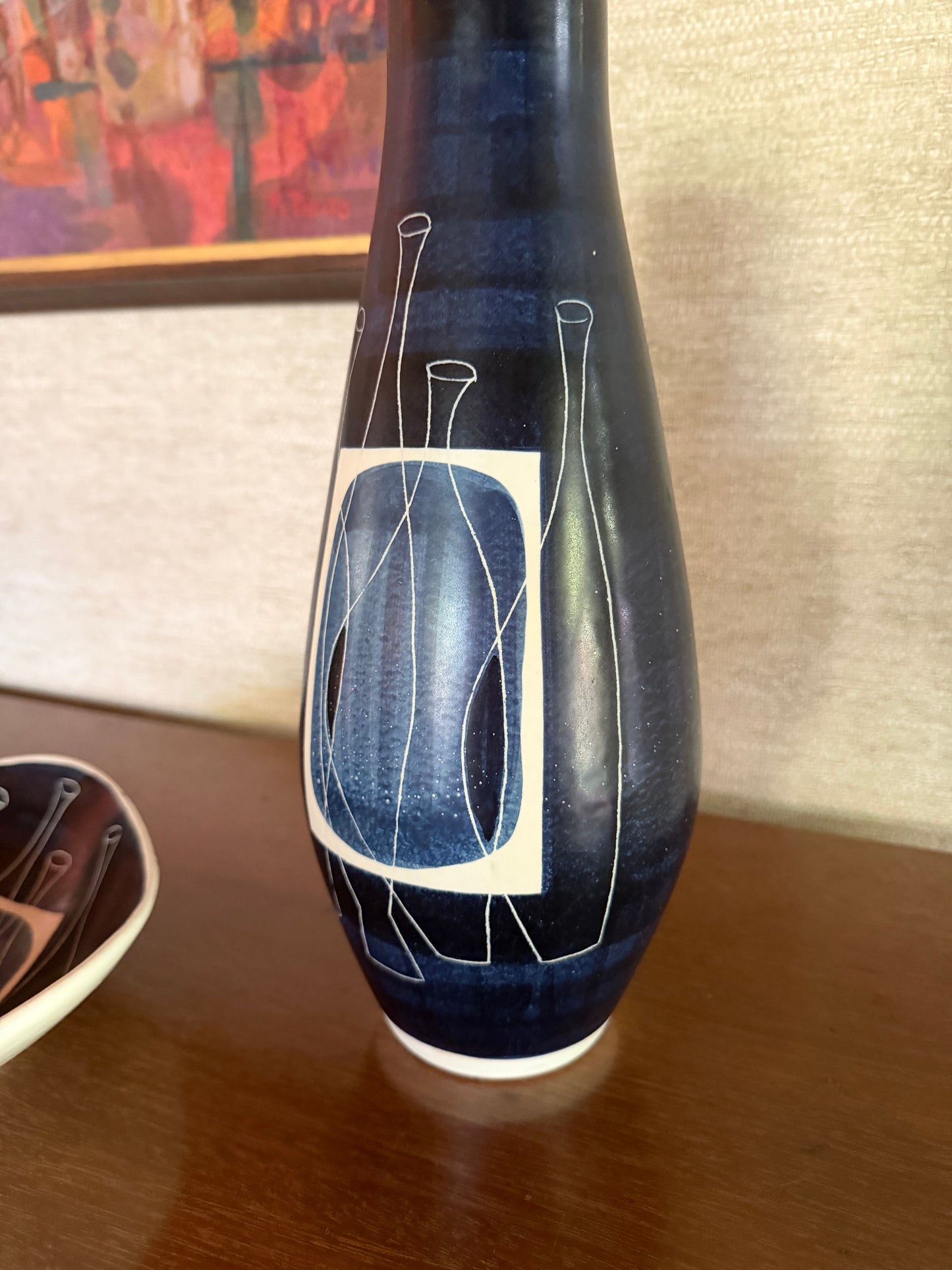 1950's Alvino Bagni for Raymor Set of Handmade Ceramic Pottery Tray and Vase with Abstract Blue White Black Bottles Decor